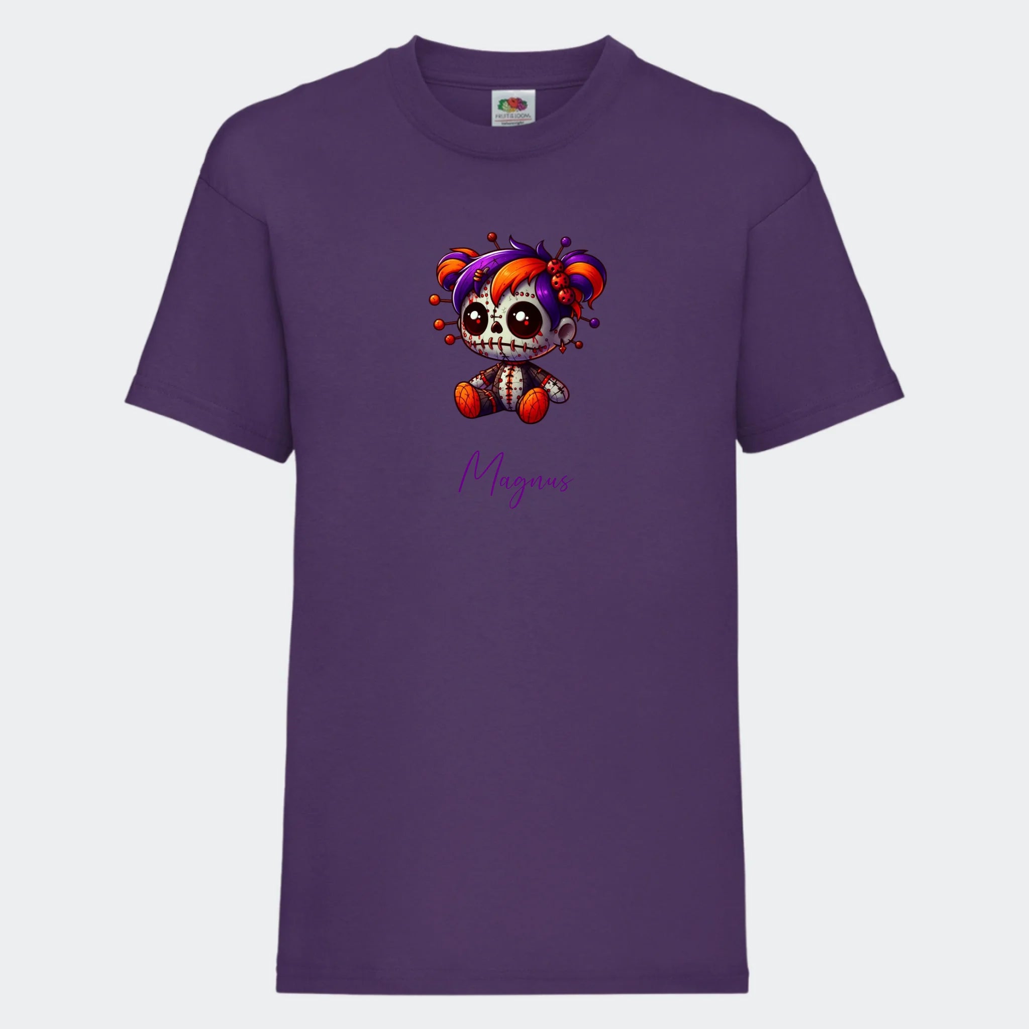 T-shirt til børn – Uhyggelig dukke, T-shirt tryk foran Lilla 3-4 år