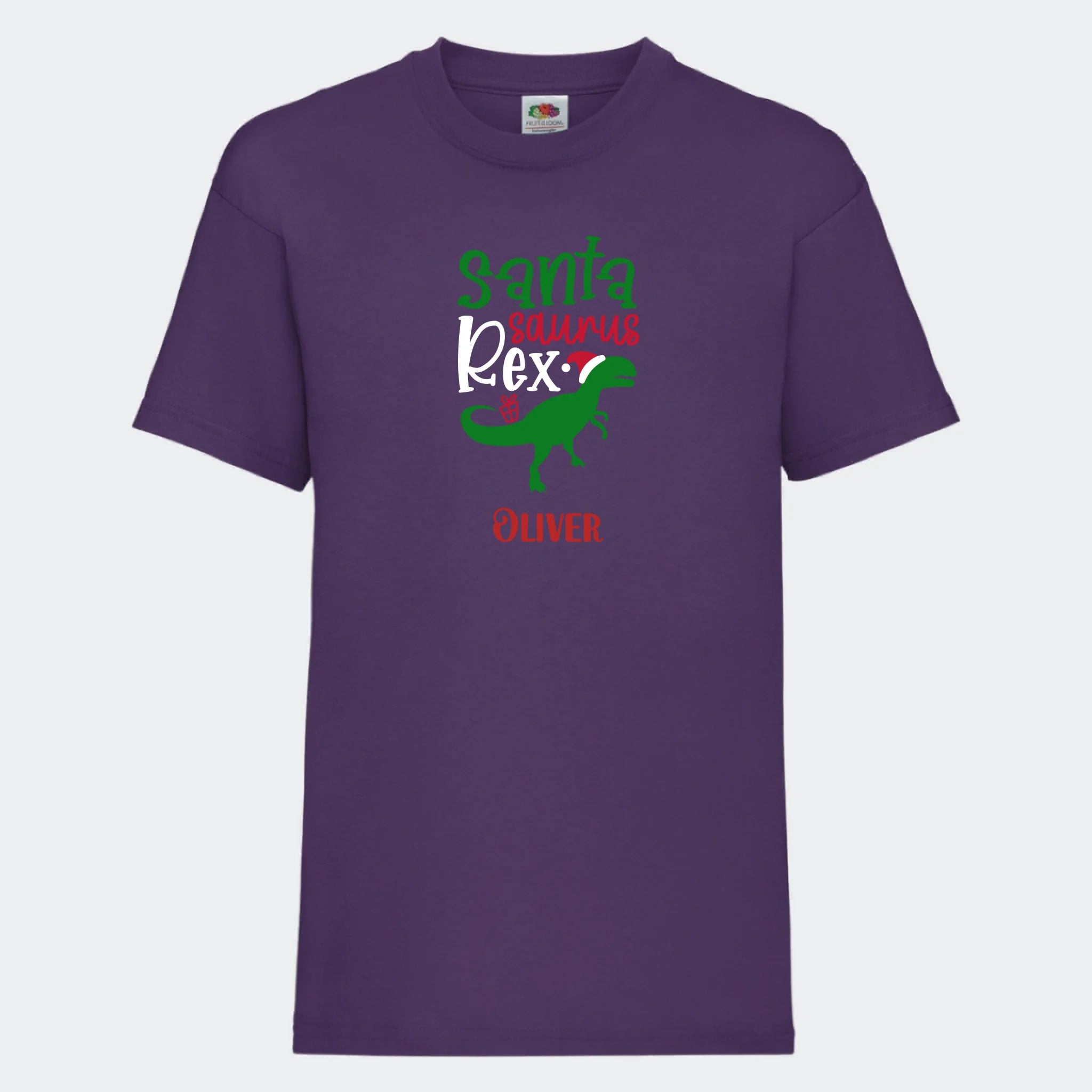 T-shirt til børn – Santa Saurus, T-shirt tryk foran Lilla 3-4 år