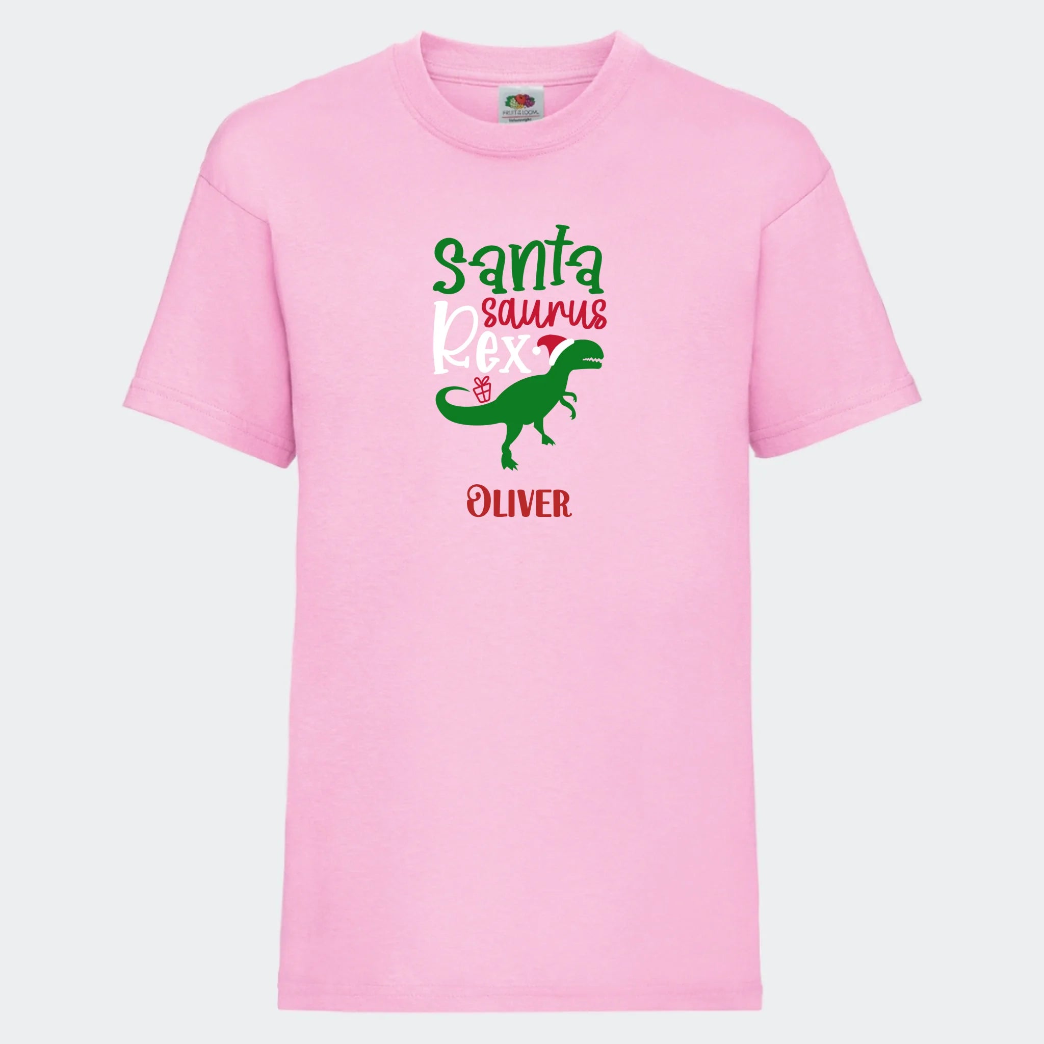 T-shirt til børn – Santa Saurus, T-shirt tryk foran Lyserød 3-4 år