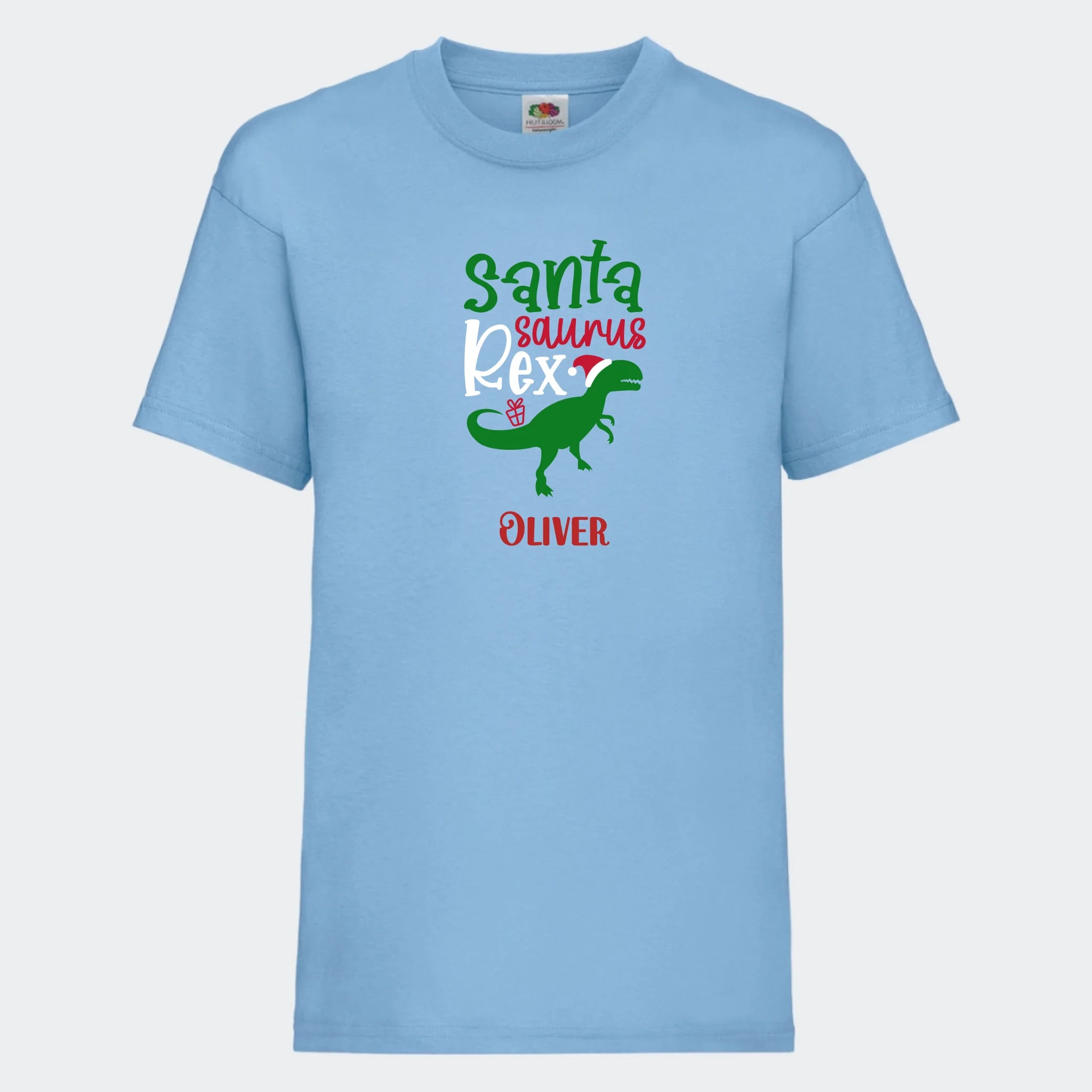 T-shirt til børn – Santa Saurus, T-shirt tryk foran Lyseblå 3-4 år