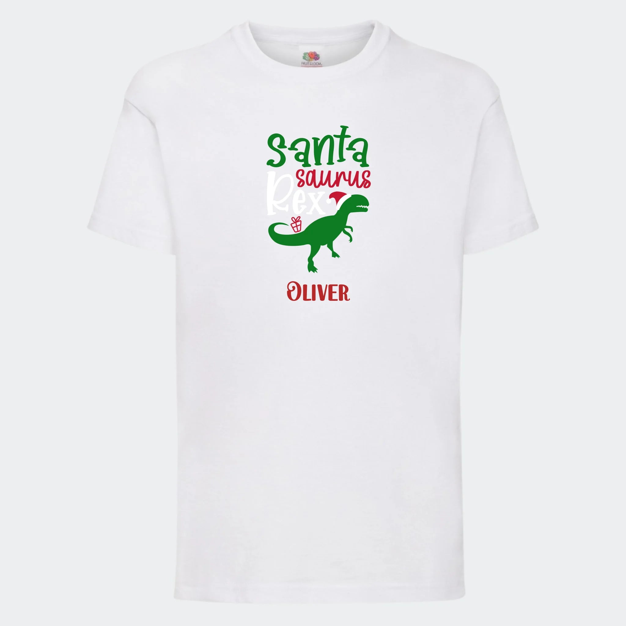 T-shirt til børn – Santa Saurus, T-shirt tryk foran Hvid 3-4 år