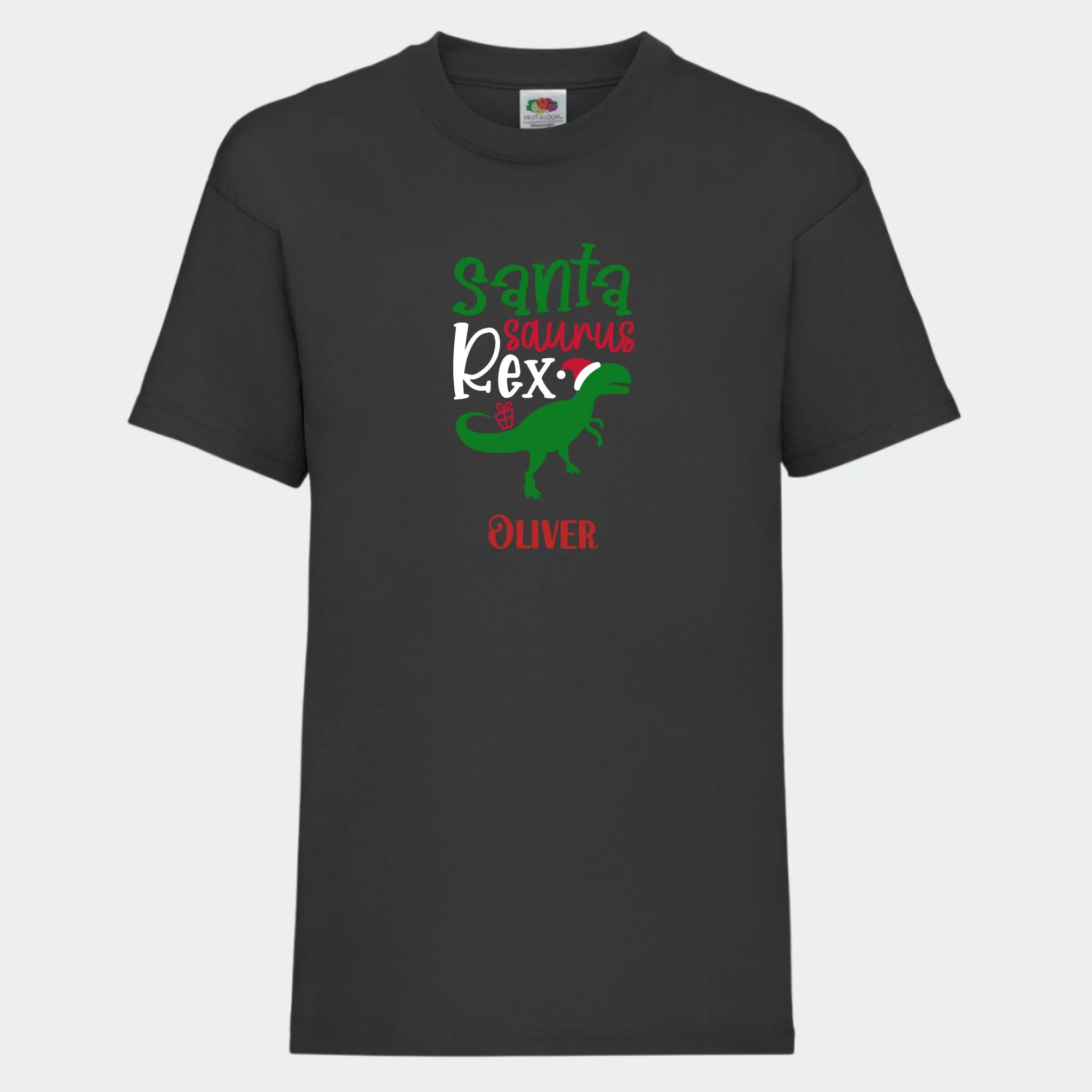 T-shirt til børn – Santa Saurus, T-shirt tryk foran Sort 3-4 år