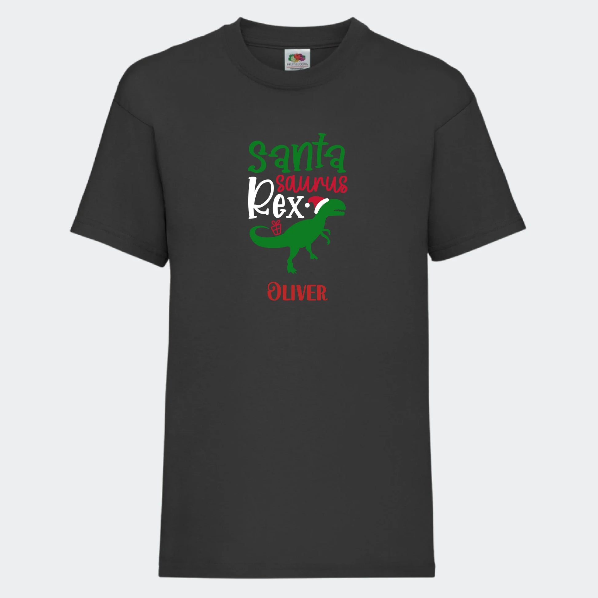 T-shirt til børn - Santa Saurus Customizer TeeInBlue T-shirt Print på front Sort 3-4 år