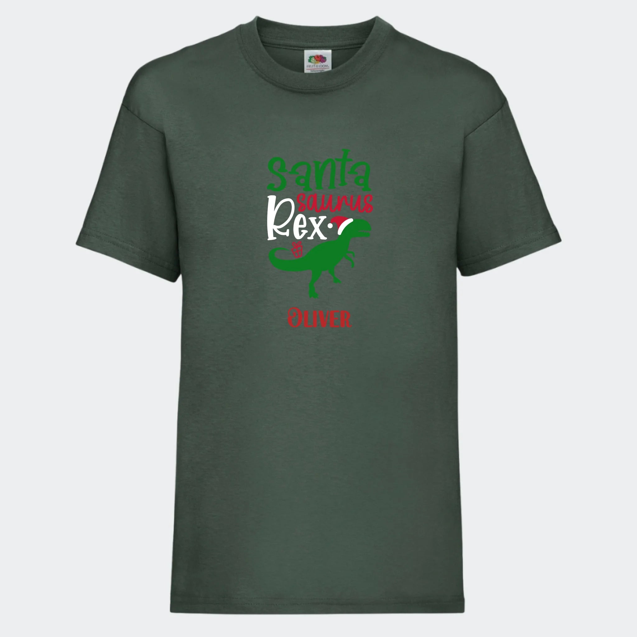 T-shirt til børn – Santa Saurus, T-shirt tryk foran Mørkegrøn 3-4 år