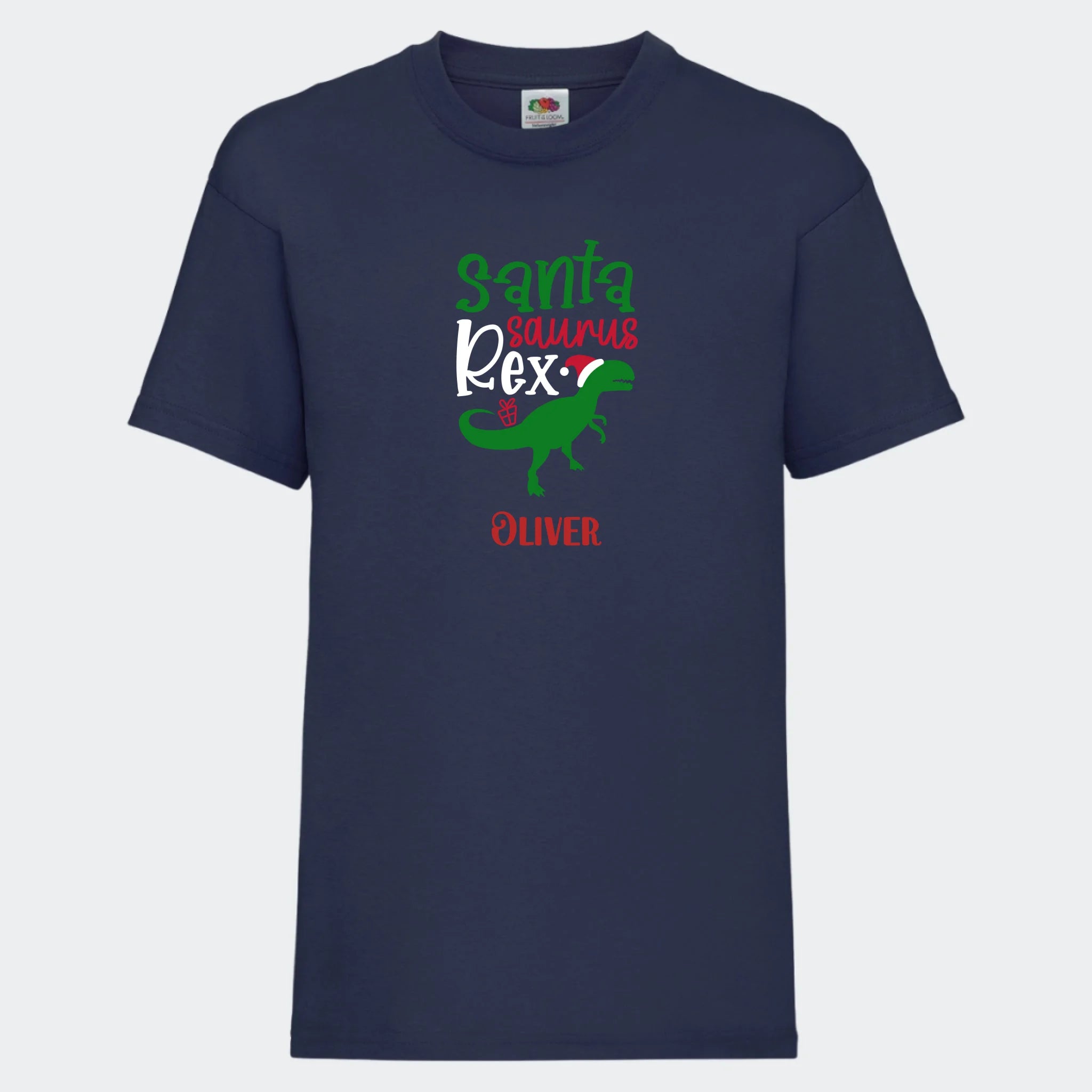T-shirt til børn – Santa Saurus, T-shirt tryk foran marineblå 3-4 år
