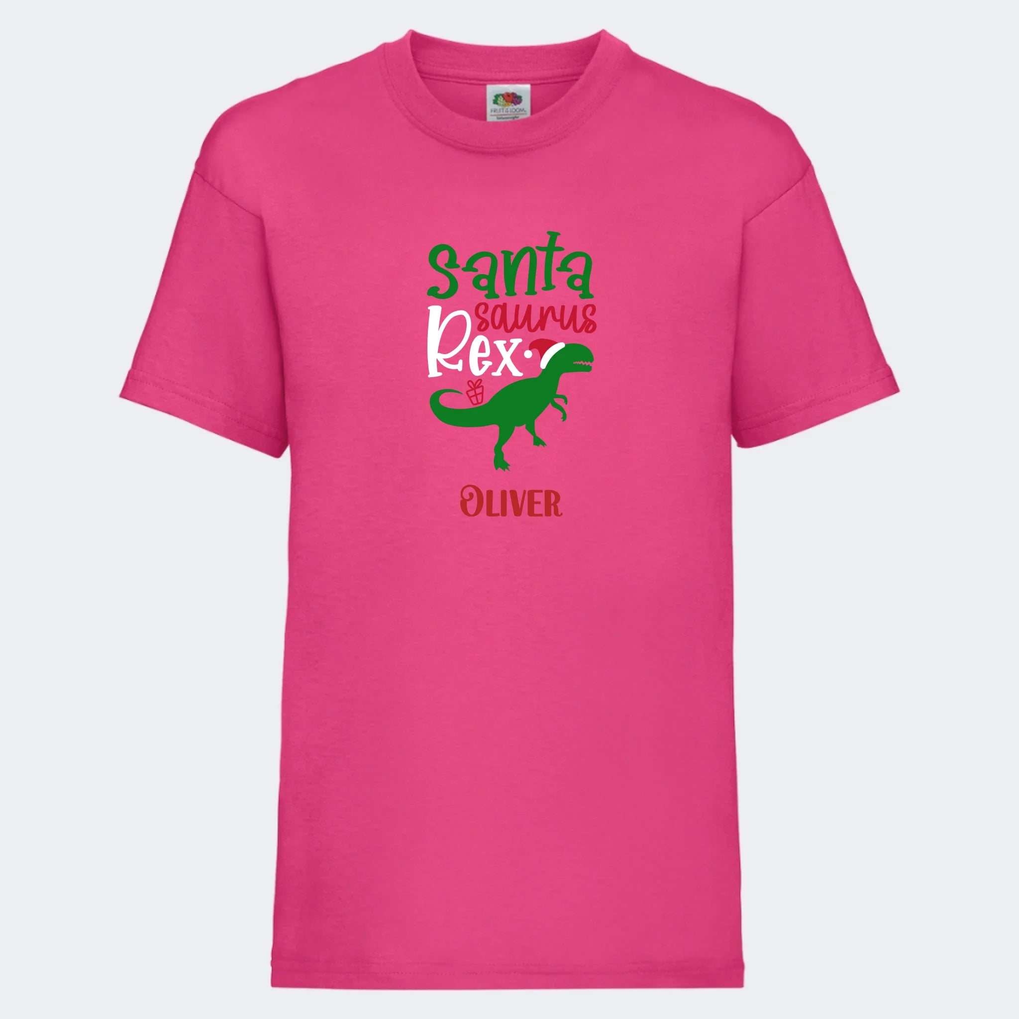 T-shirt til børn – Santa Saurus, T-shirt tryk foran Fuchsia 3-4 år
