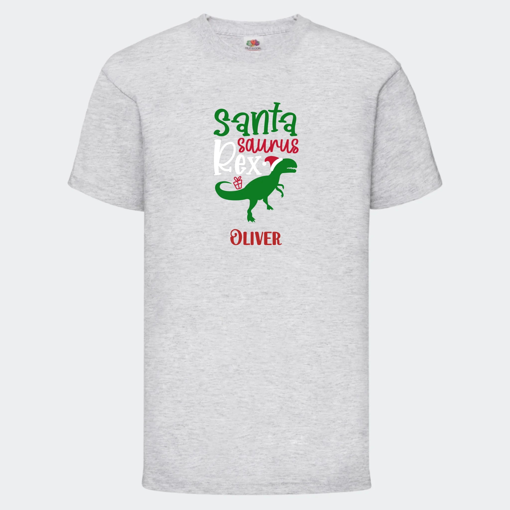 T-shirt til børn – Santa Saurus, T-shirt tryk foran Lysegrå 3-4 år