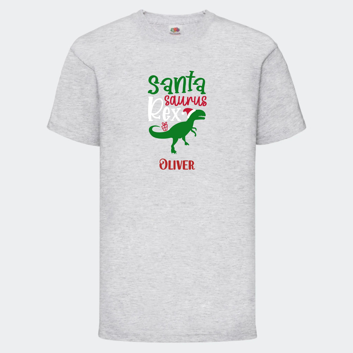 T-shirt til børn – Santa Saurus, T-shirt tryk foran Lysegrå 3-4 år