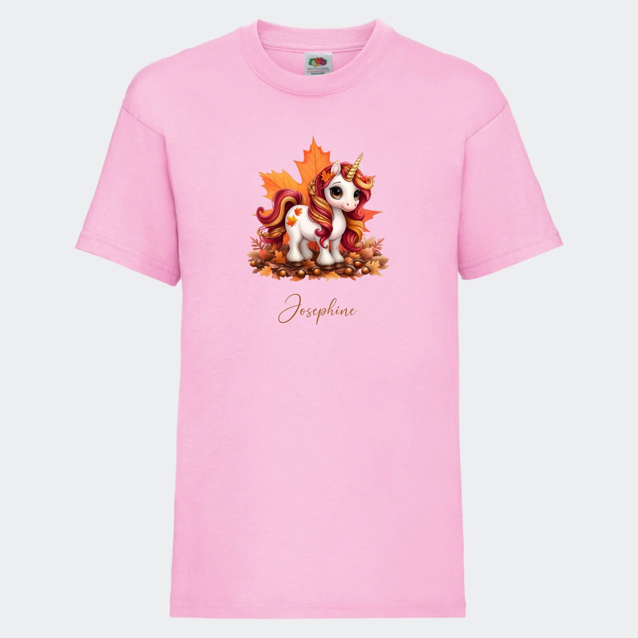 T-shirt til børn – Efterårs blade sød enhjørning, T-shirt tryk foran Lyserød 3-4 år