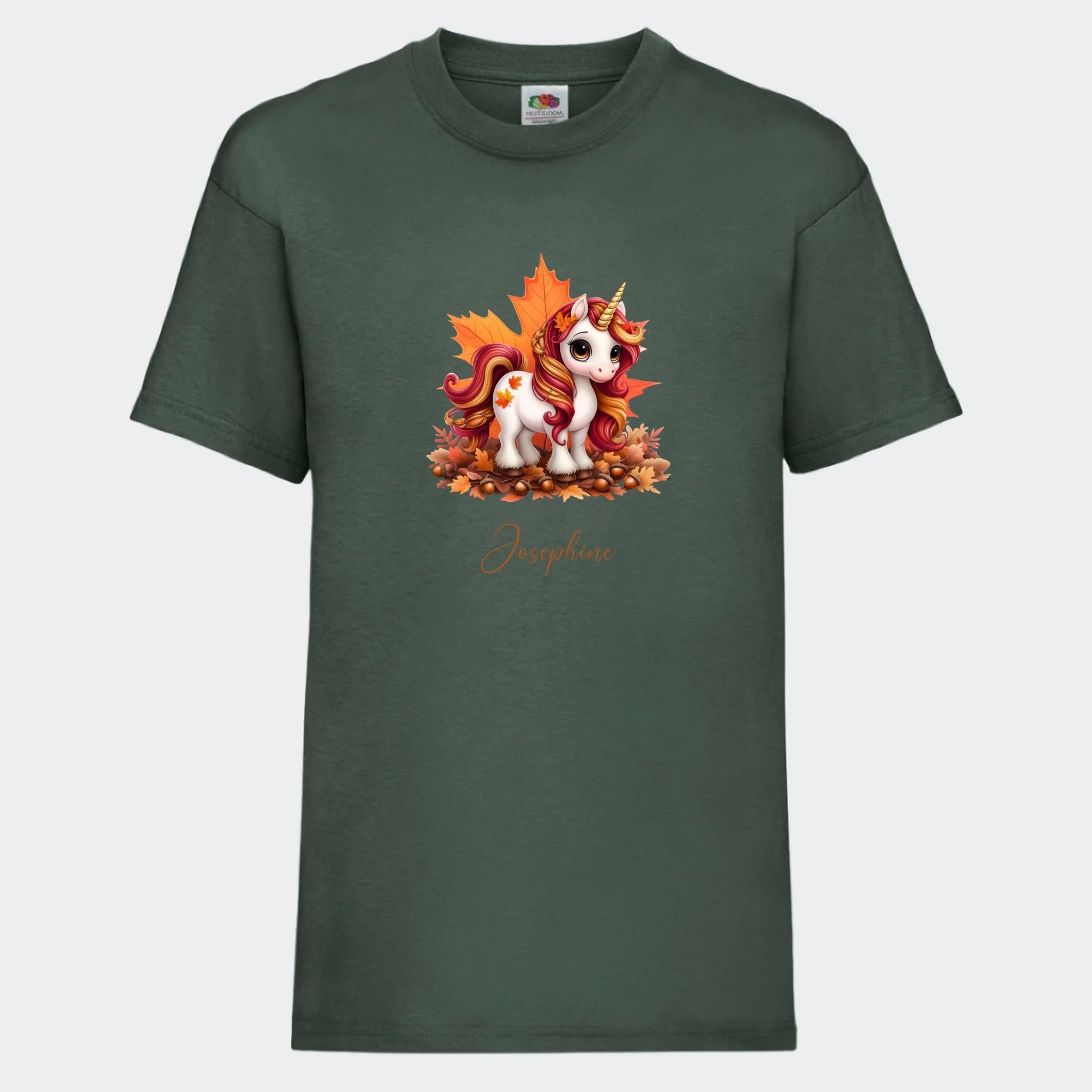T-shirt til børn – Efterårs blade sød enhjørning, T-shirt tryk foran Mørkegrøn 3-4 år