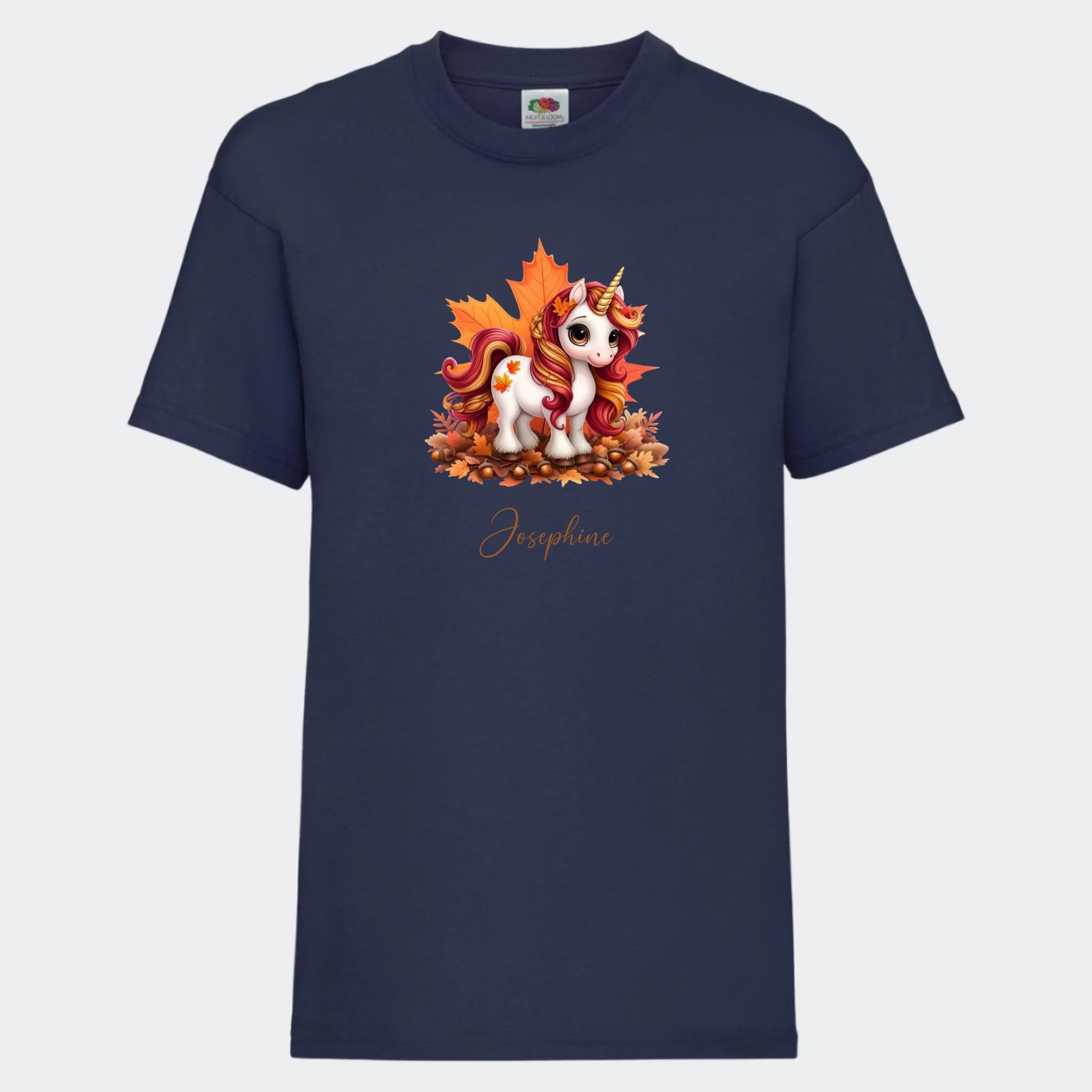 T-shirt til børn – Efterårs blade sød enhjørning, T-shirt tryk foran marineblå 3-4 år