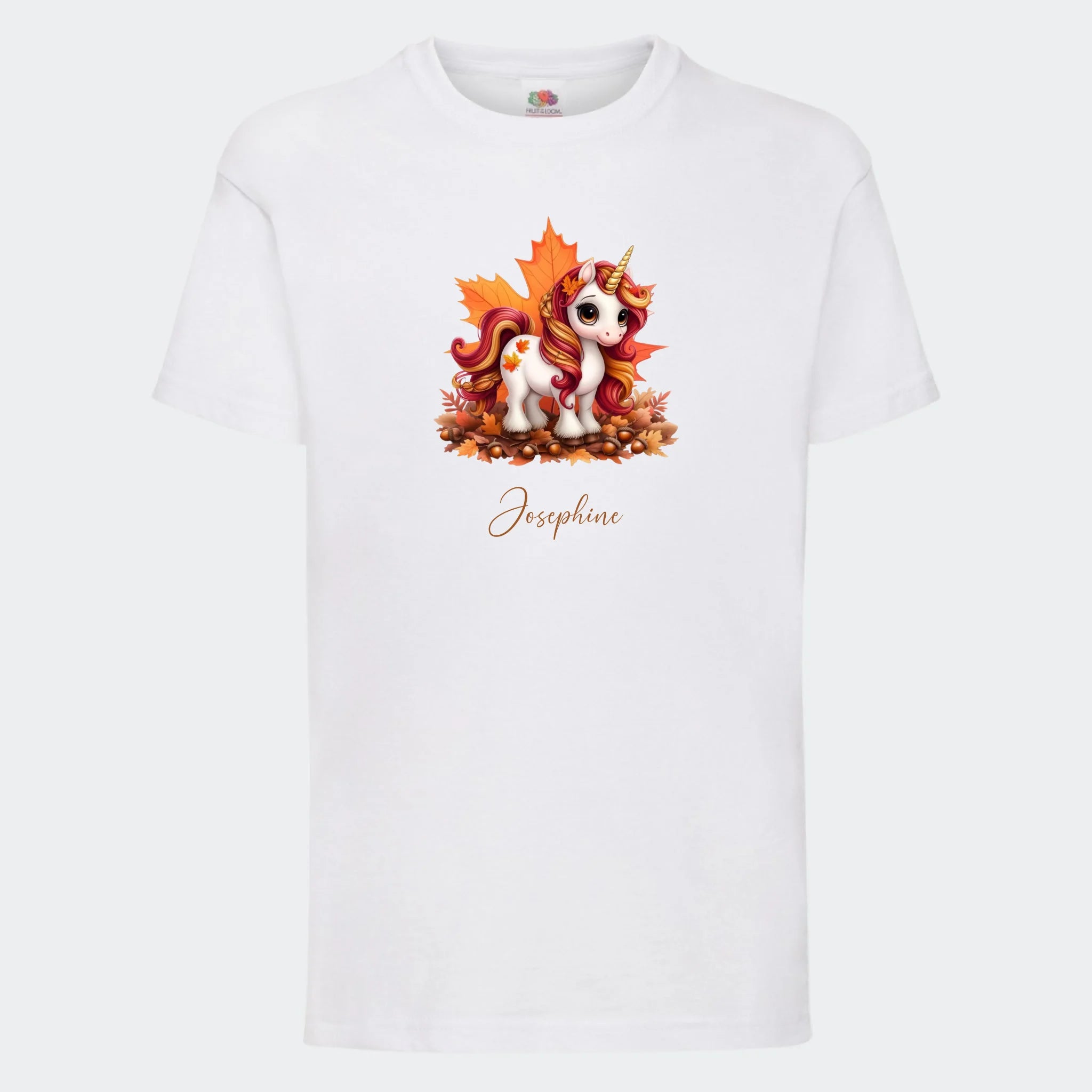 T-shirt til børn – Efterårs blade sød enhjørning, T-shirt tryk foran Hvid 3-4 år
