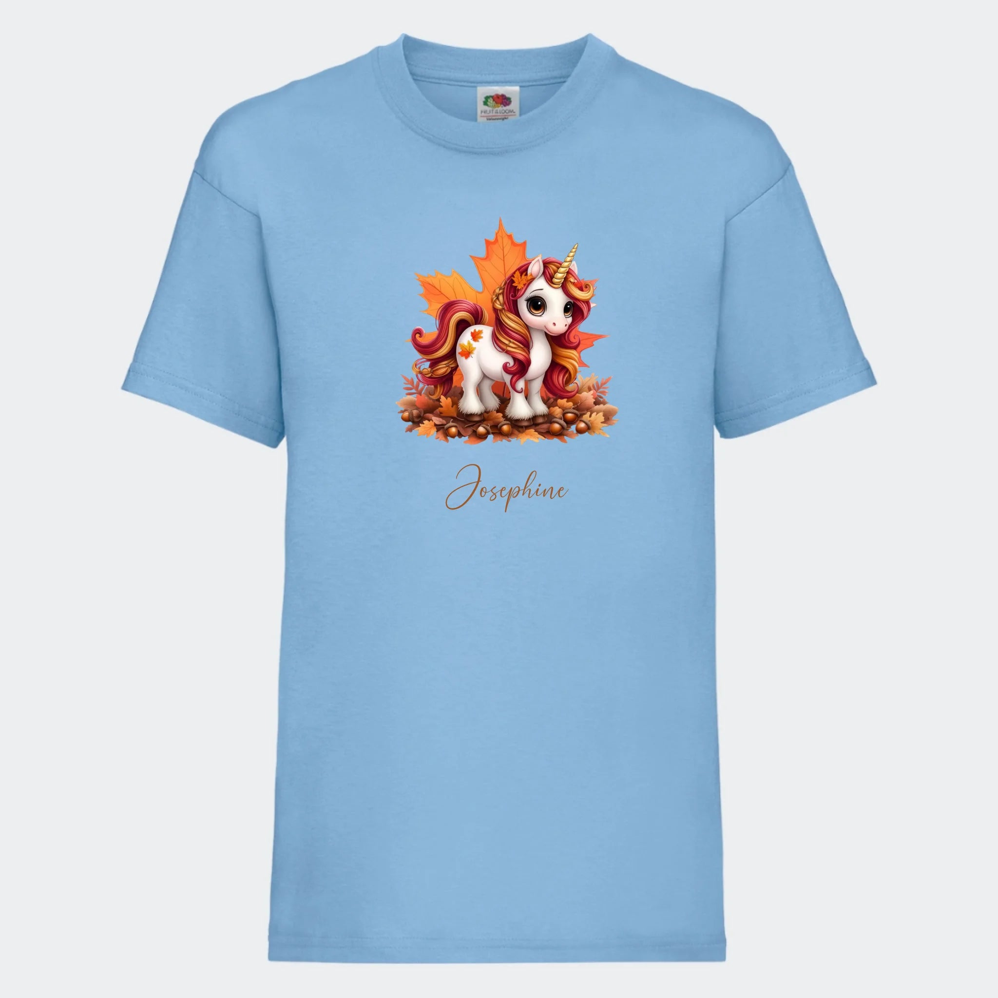T-shirt til børn – Efterårs blade sød enhjørning, T-shirt tryk foran Lyseblå 3-4 år