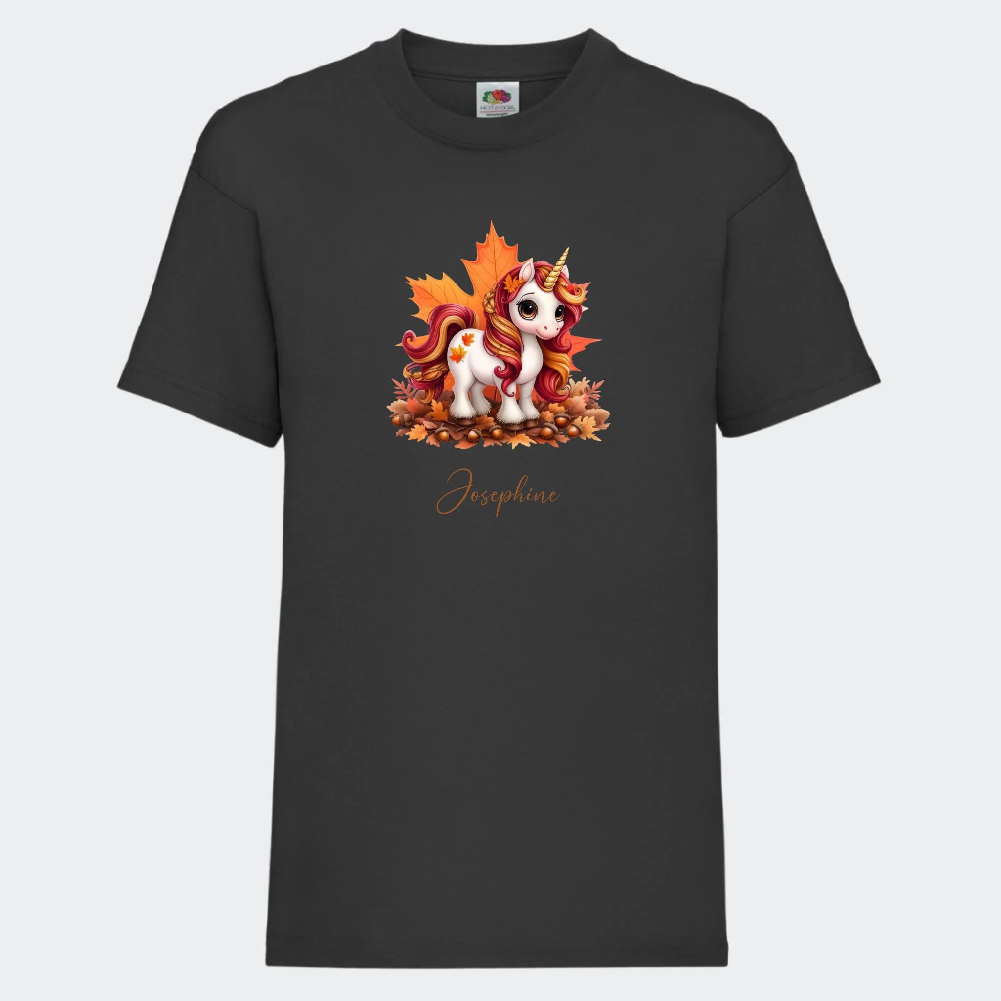 T-shirt til børn – Efterårs blade sød enhjørning, T-shirt tryk foran Sort 3-4 år