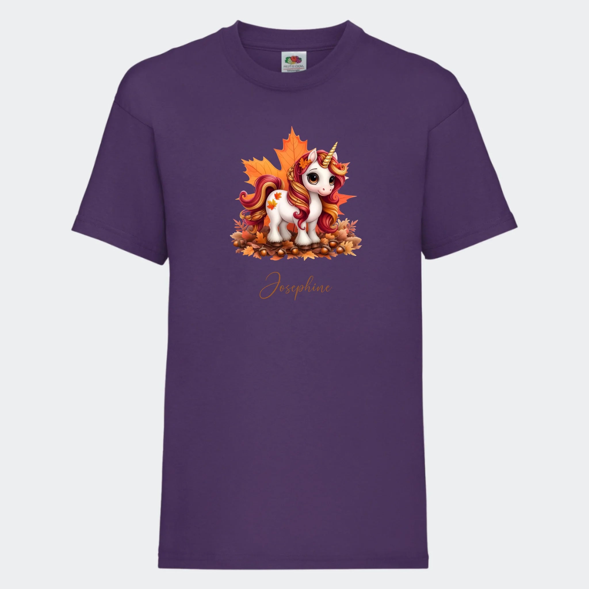 T-shirt til børn – Efterårs blade sød enhjørning, T-shirt tryk foran Lilla 3-4 år