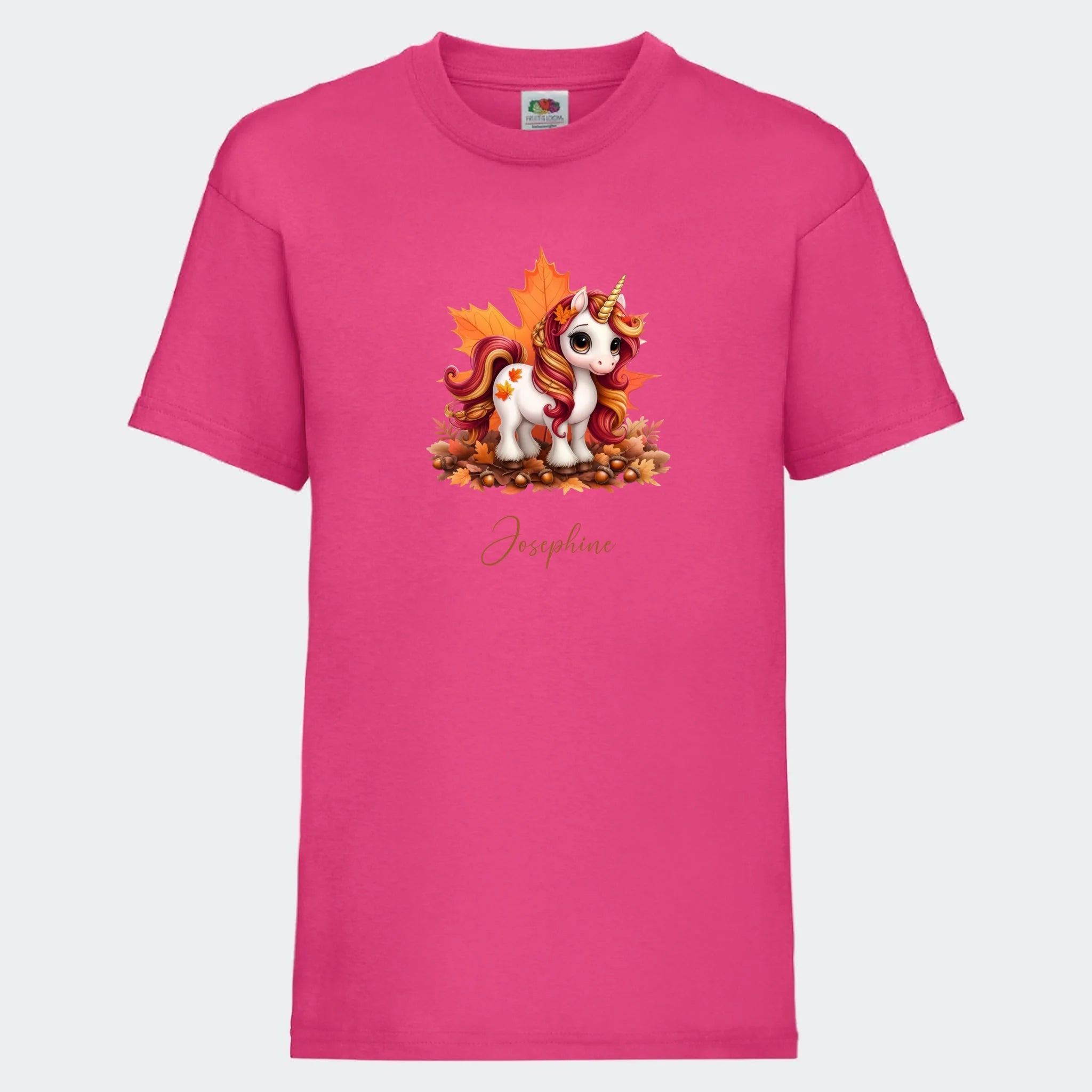 T-shirt til børn – Efterårs blade sød enhjørning, T-shirt tryk foran Fuchsia 3-4 år