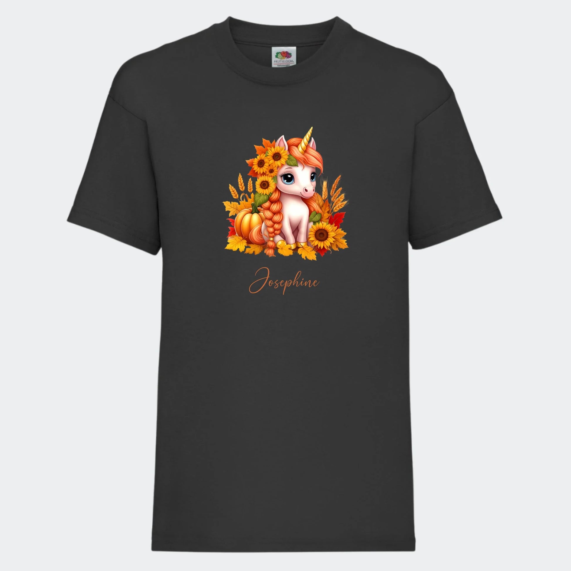 T-shirt til børn - Græskar, Solsikke, Efterår Enhjørning Customizer TeeInBlue T-shirt Print på front Sort 3-4 år