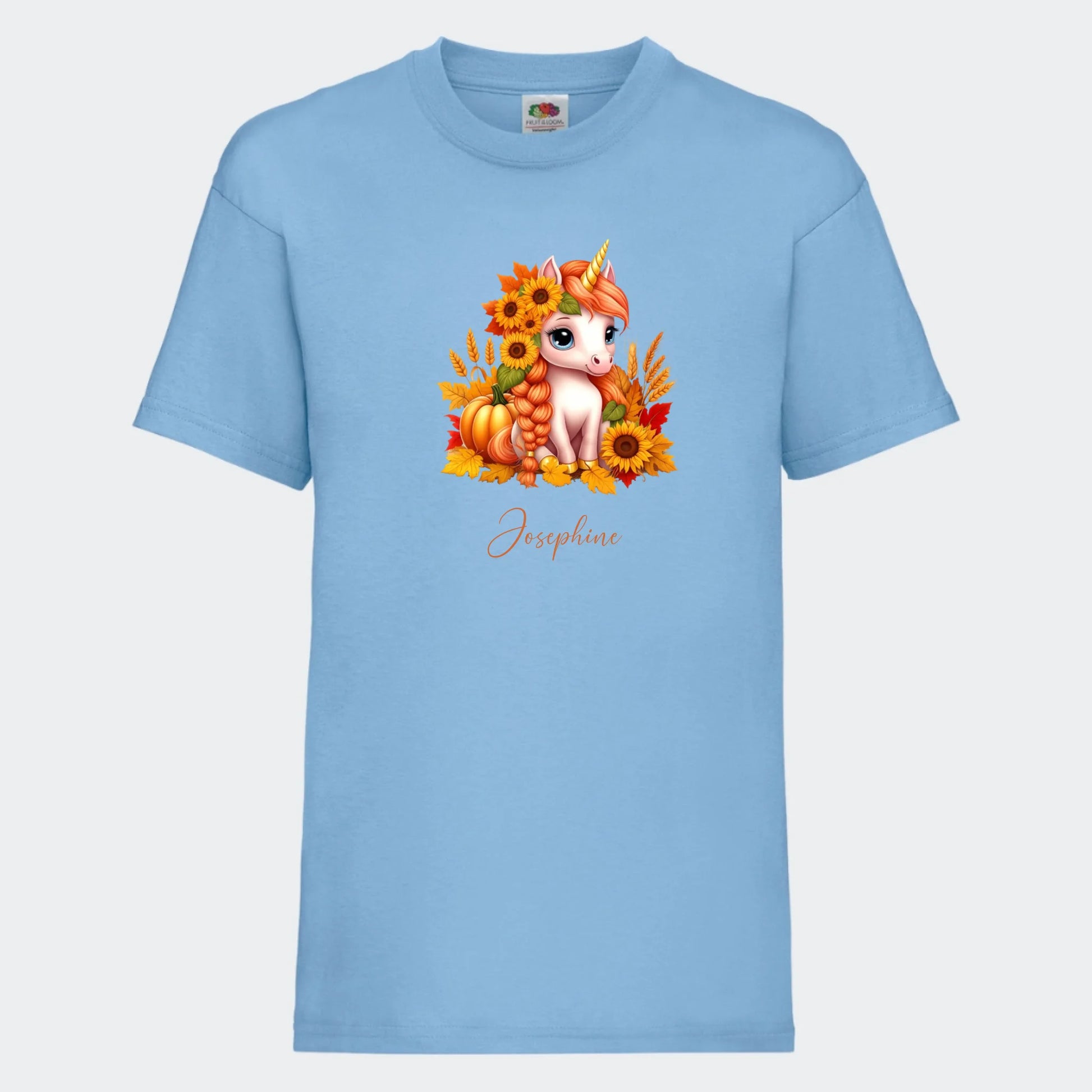T-shirt til børn - Græskar, Solsikke, Efterår Enhjørning Customizer TeeInBlue T-shirt Print på front Lyseblå 3-4 år