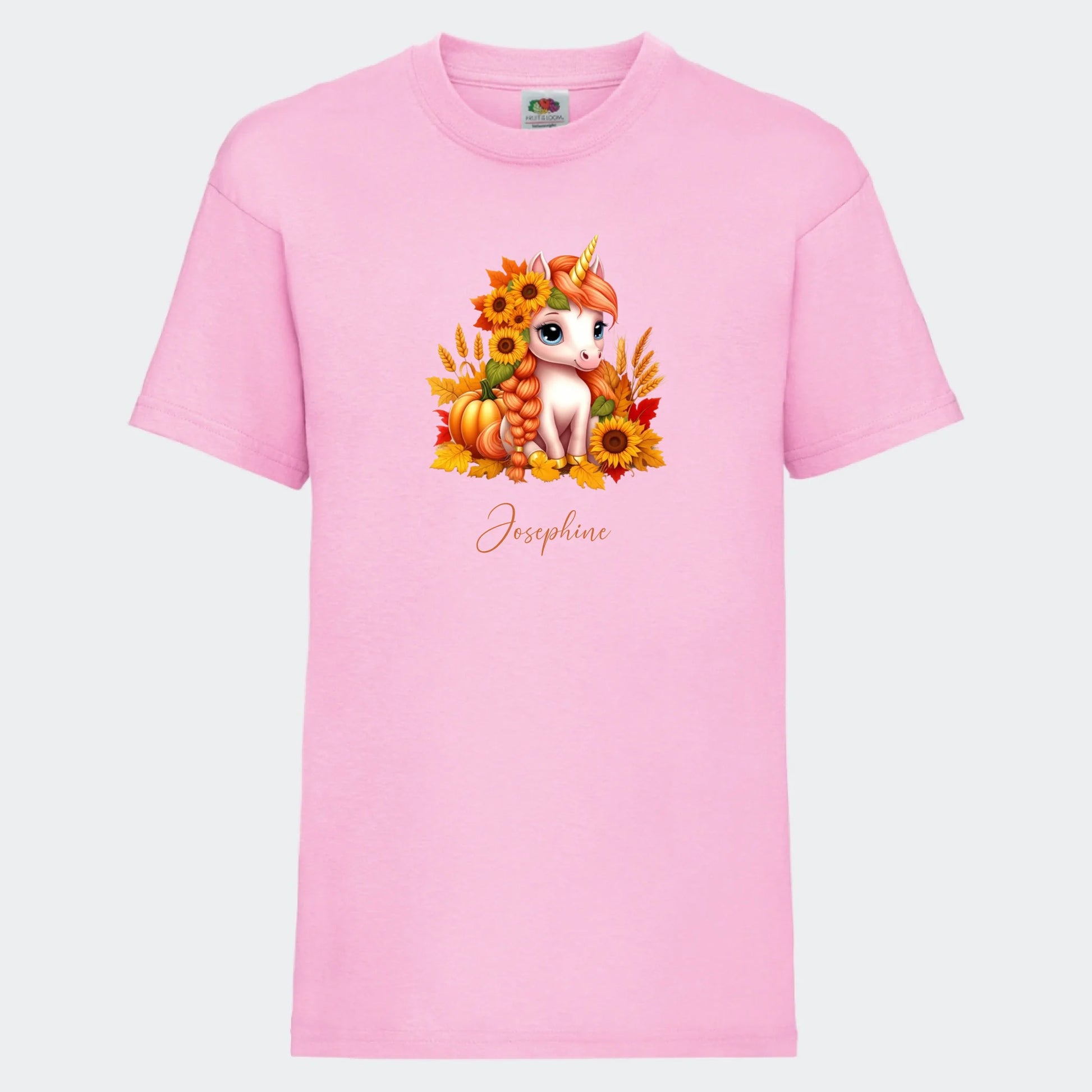 T-shirt til børn - Græskar, Solsikke, Efterår Enhjørning Customizer TeeInBlue T-shirt Print på front Lyserød 3-4 år