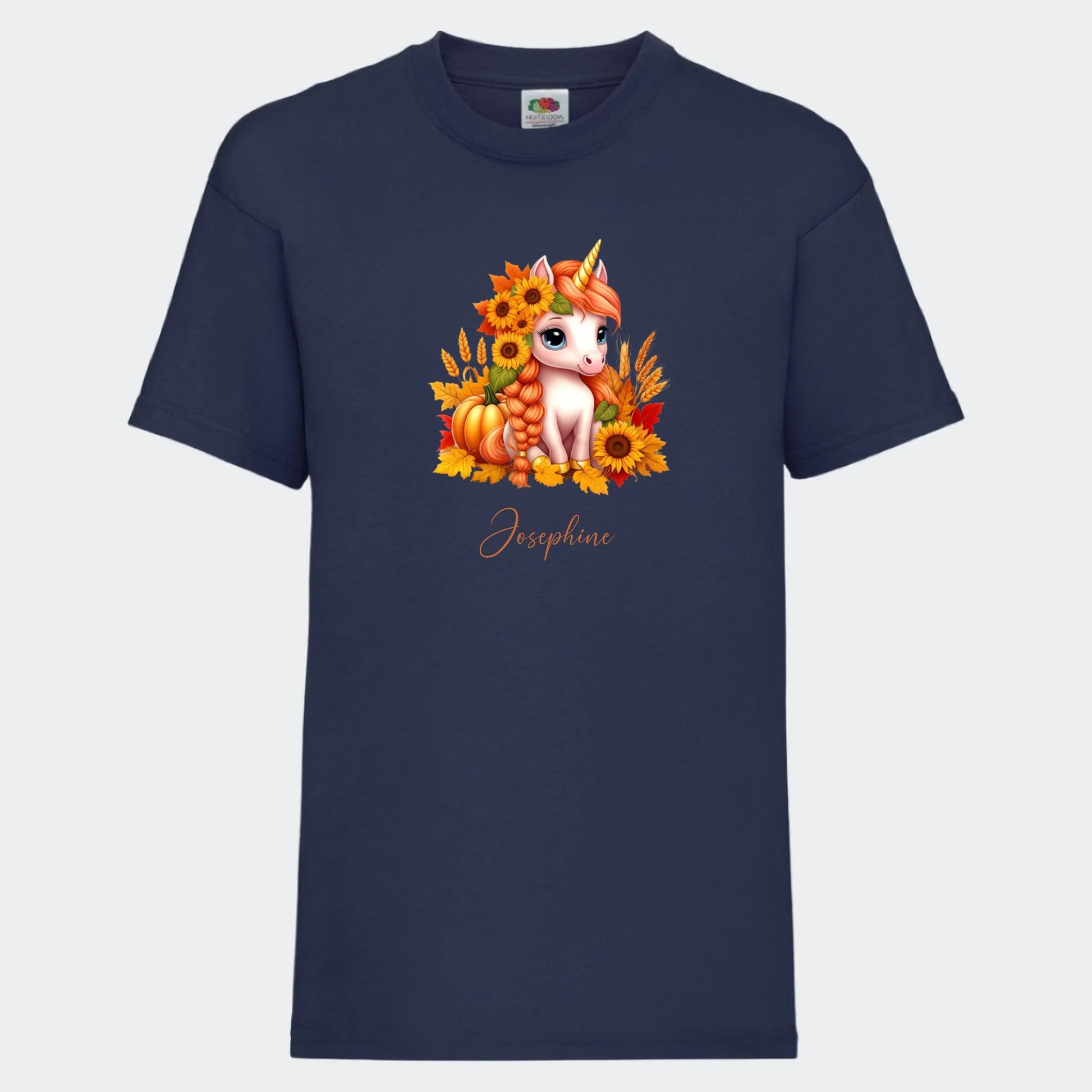 T-shirt til børn - Græskar, Solsikke, Efterår Enhjørning Customizer TeeInBlue T-shirt Print på front Navy 3-4 år