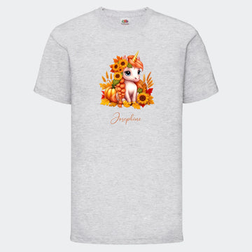T-shirt til børn - Græskar, Solsikke, Efterår Enhjørning Customizer TeeInBlue T-shirt Print på front Lysegrå 3-4 år