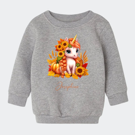 Sweatshirt til små børn – Græskar, Solsikke, Efterår Enhjørning, grå