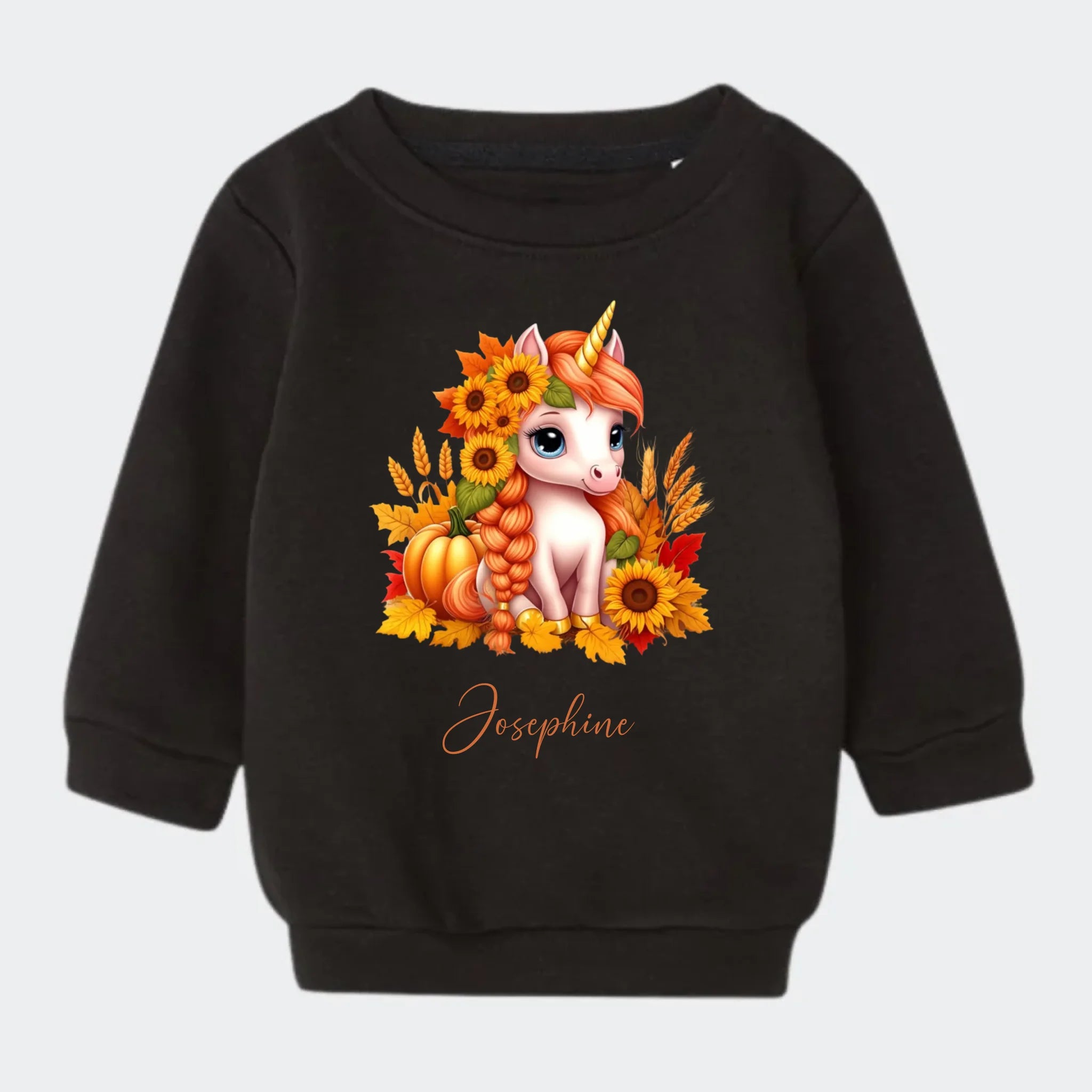 Sweatshirt til små børn – Græskar, Solsikke, Efterår Enhjørning, sort