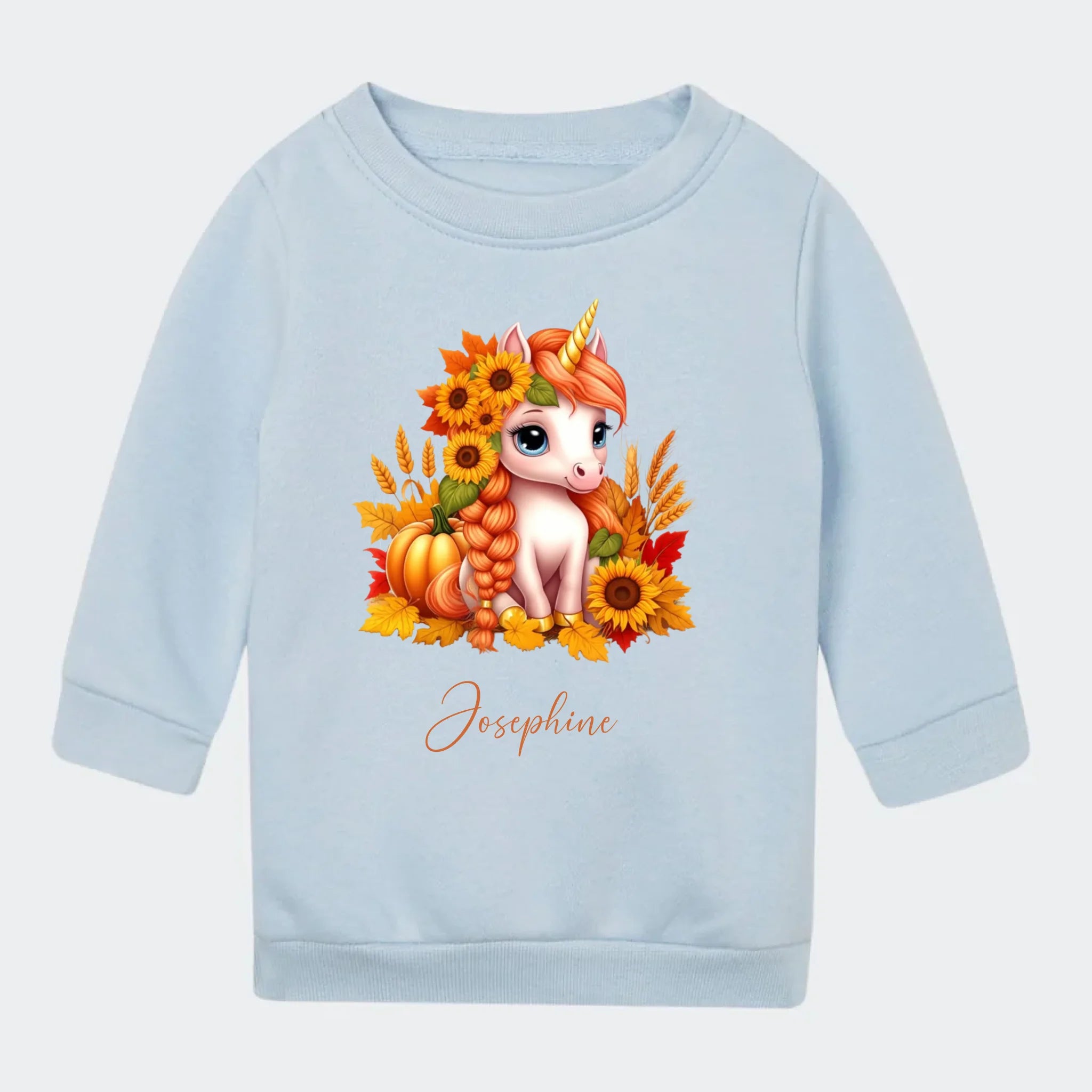 Sweatshirt til små børn – Græskar, Solsikke, Efterår Enhjørning, lyseblå