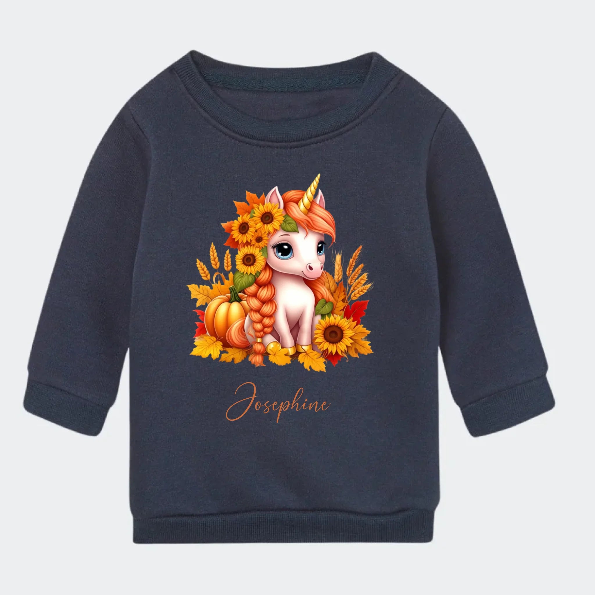 Sweatshirt til små børn – Græskar, Solsikke, Efterår Enhjørning, marineblå