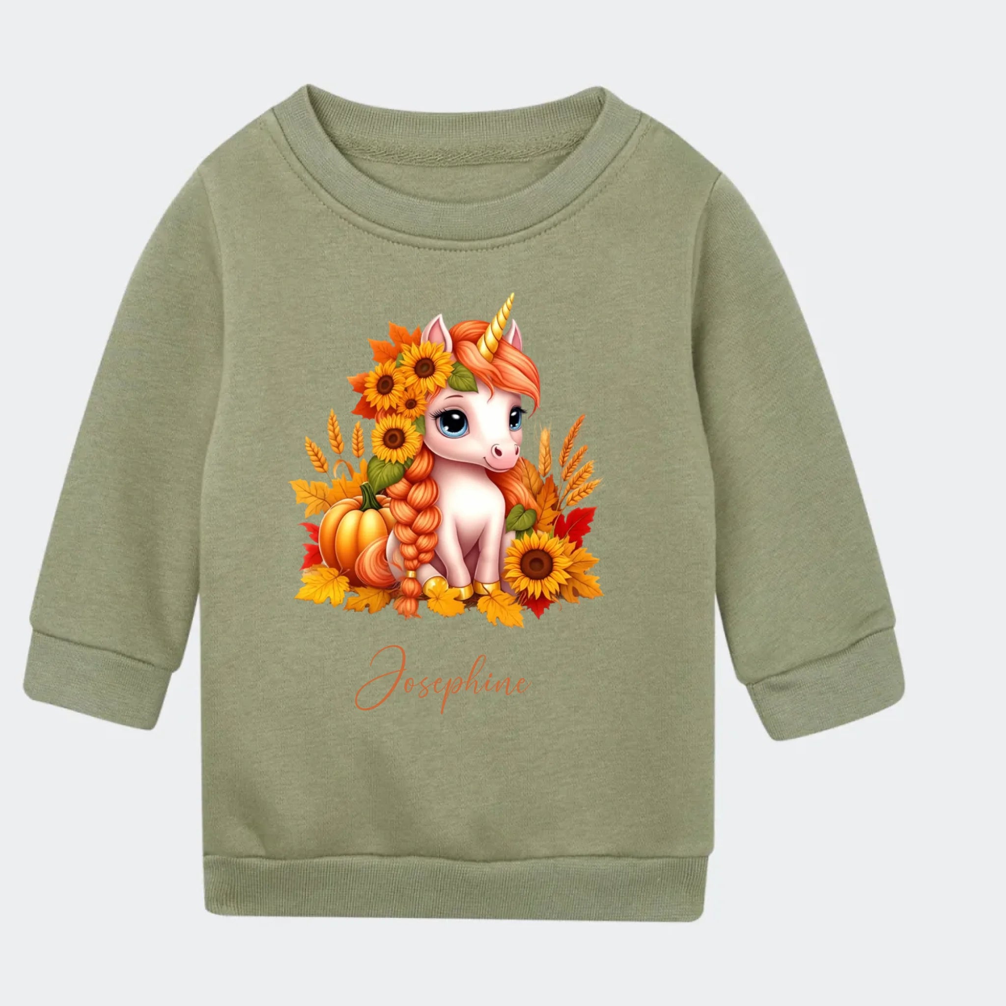 Sweatshirt til små børn – Græskar, Solsikke, Efterår Enhjørning, grøn