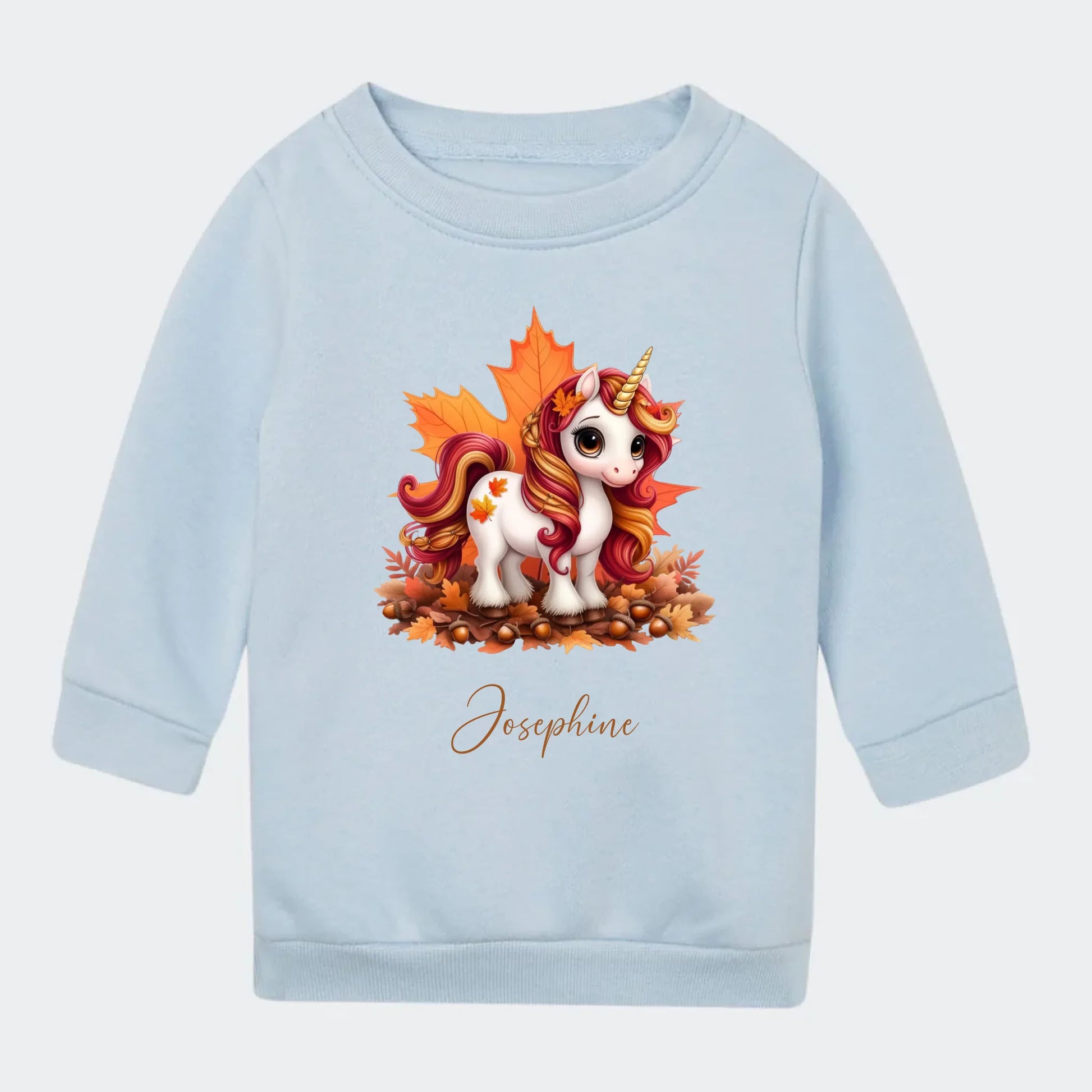Sweatshirts til små børn - Efterårs blade sød enhjørning Customizer TeeInBlue Sweatshirt til børn - flere farver Lyseblå 12-18M