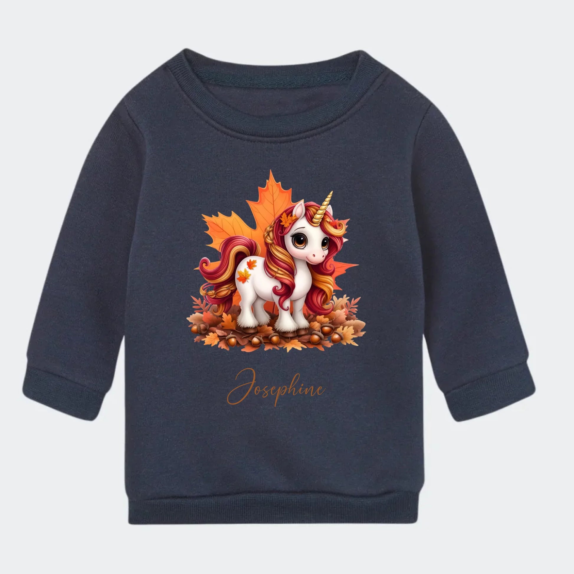 Sweatshirts til små børn - Efterårs blade sød enhjørning Customizer TeeInBlue Sweatshirt til børn - flere farver Navy 6-12M
