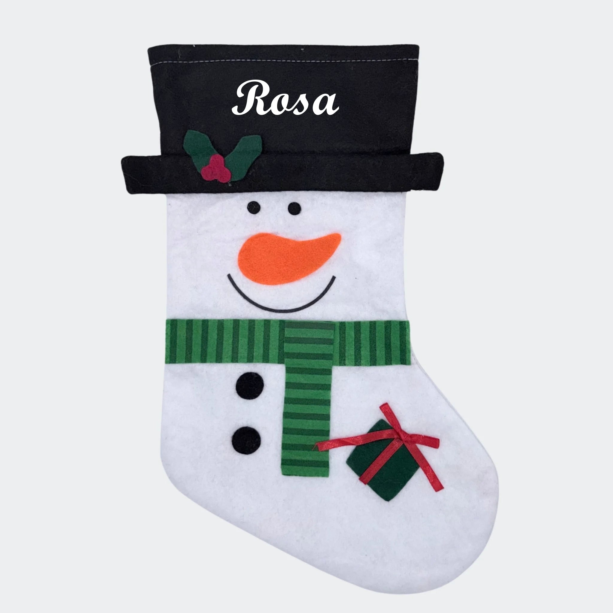 Julesok med navn og motivet Snemand med gave