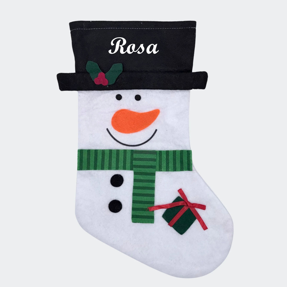 Julesok med navn og motivet Snemand med gave