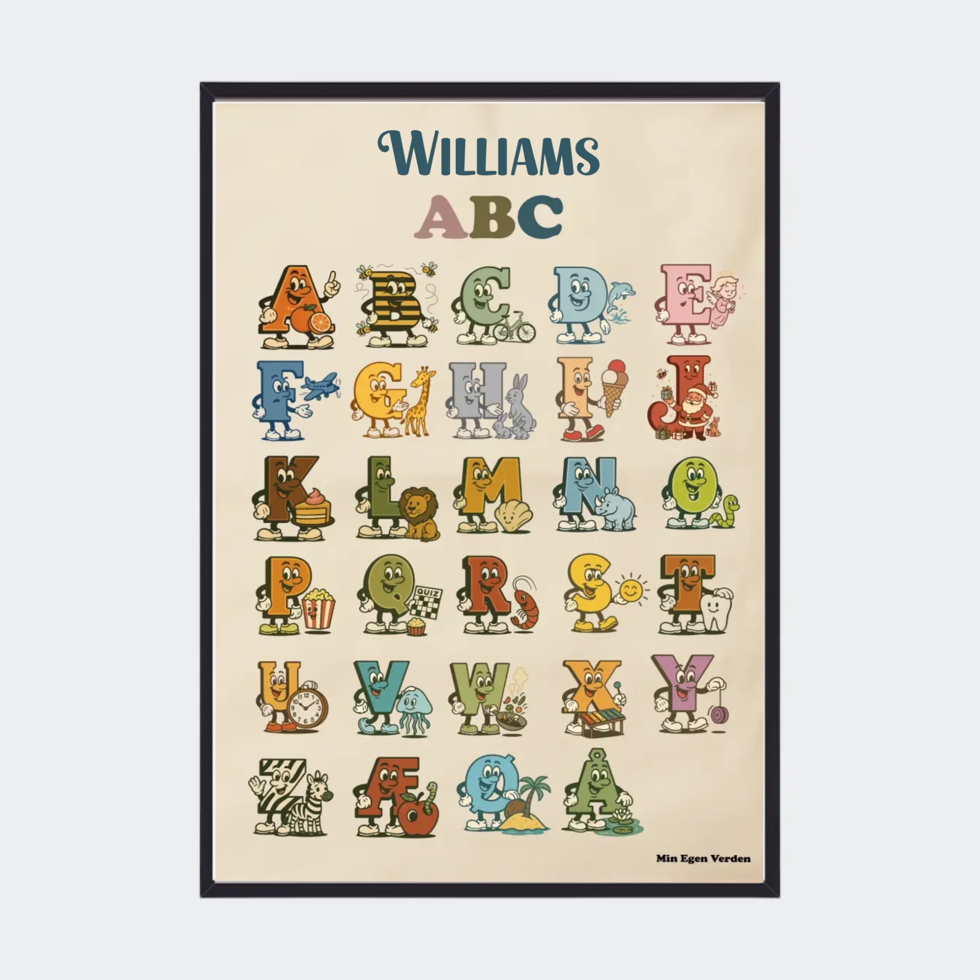 Plakat - Alfabet på dansk med navn Customizer TeeInBlue A2 Sort A2