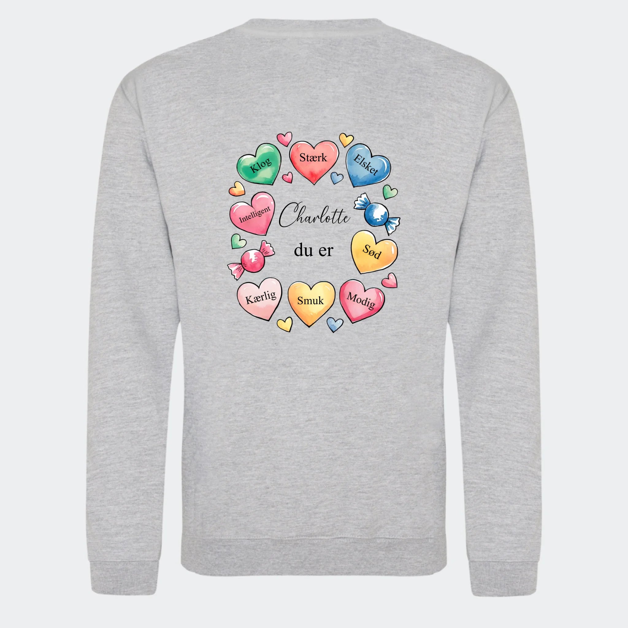 Sweatshirt til voksne – Hjerter med søde ord, meleret grå, set bagfra