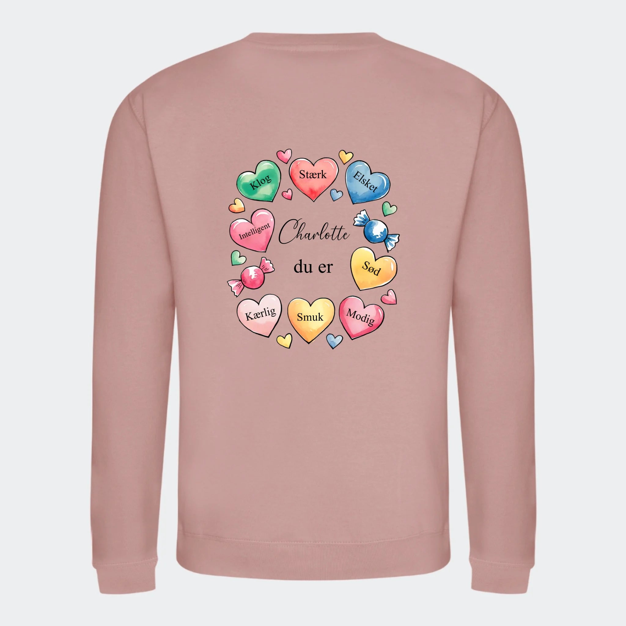Sweatshirt til voksne – Hjerter med søde ord, støvet rosa, set bagfra