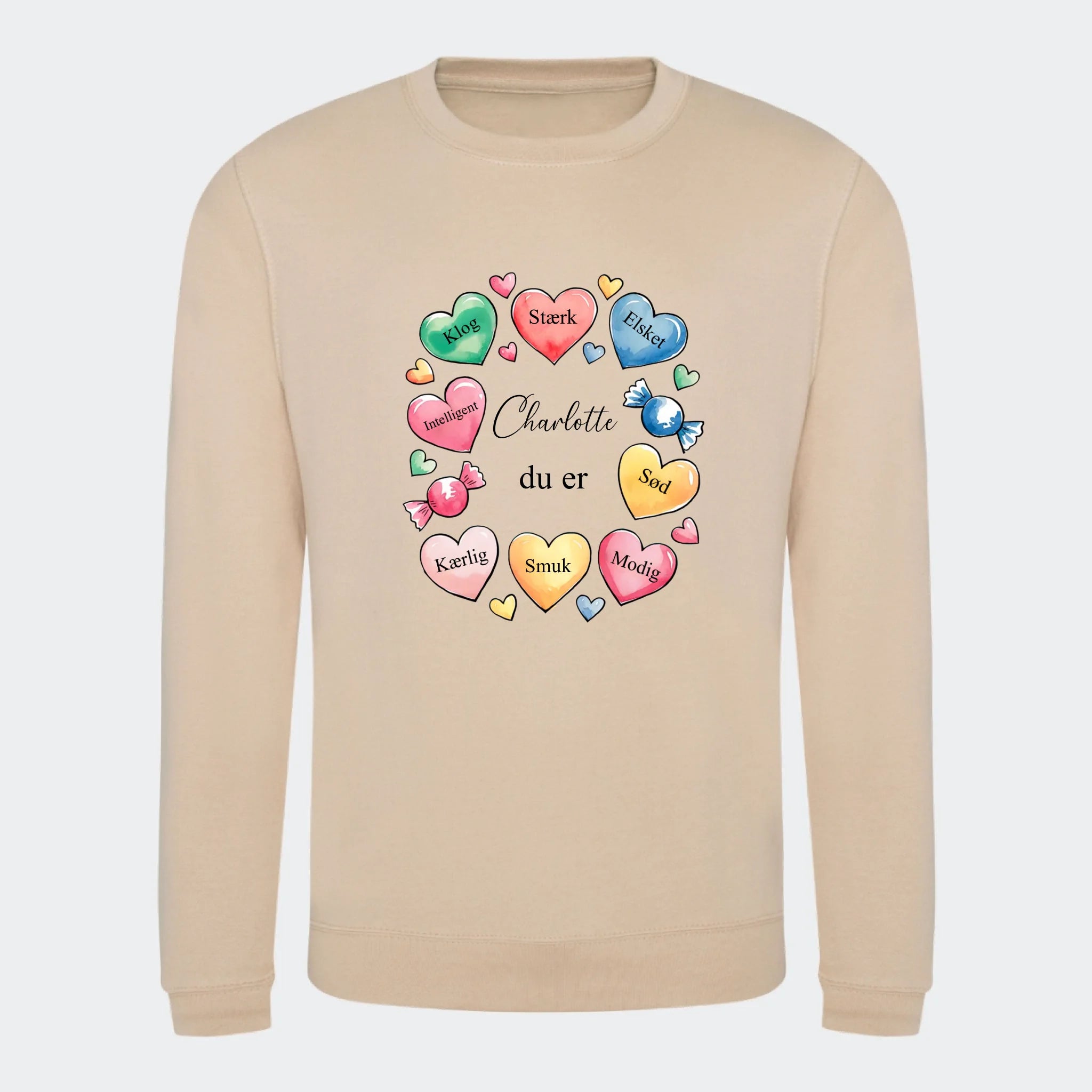 Sweatshirt til voksne – Hjerter med søde ord, nude, set forfra