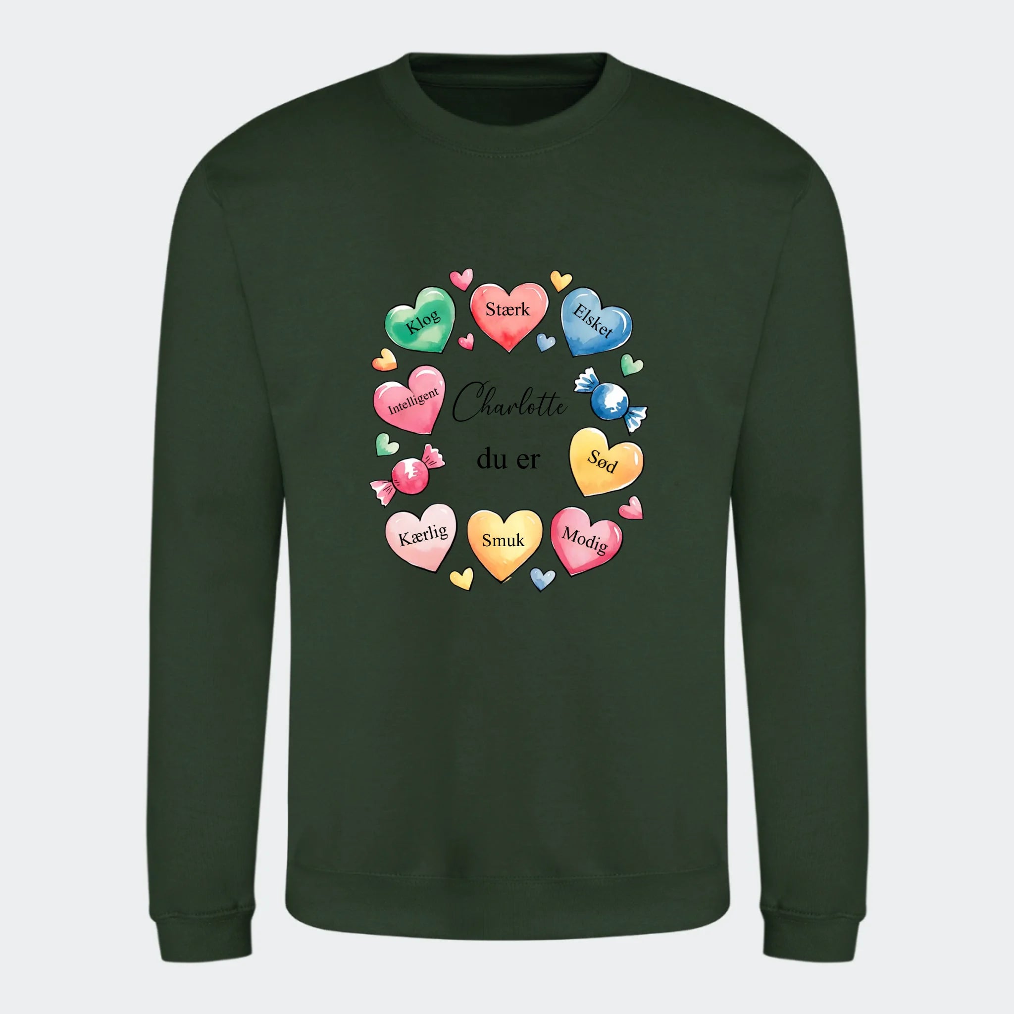 Sweatshirt til voksne – Hjerter med søde ord, skovgrøn, set forfra