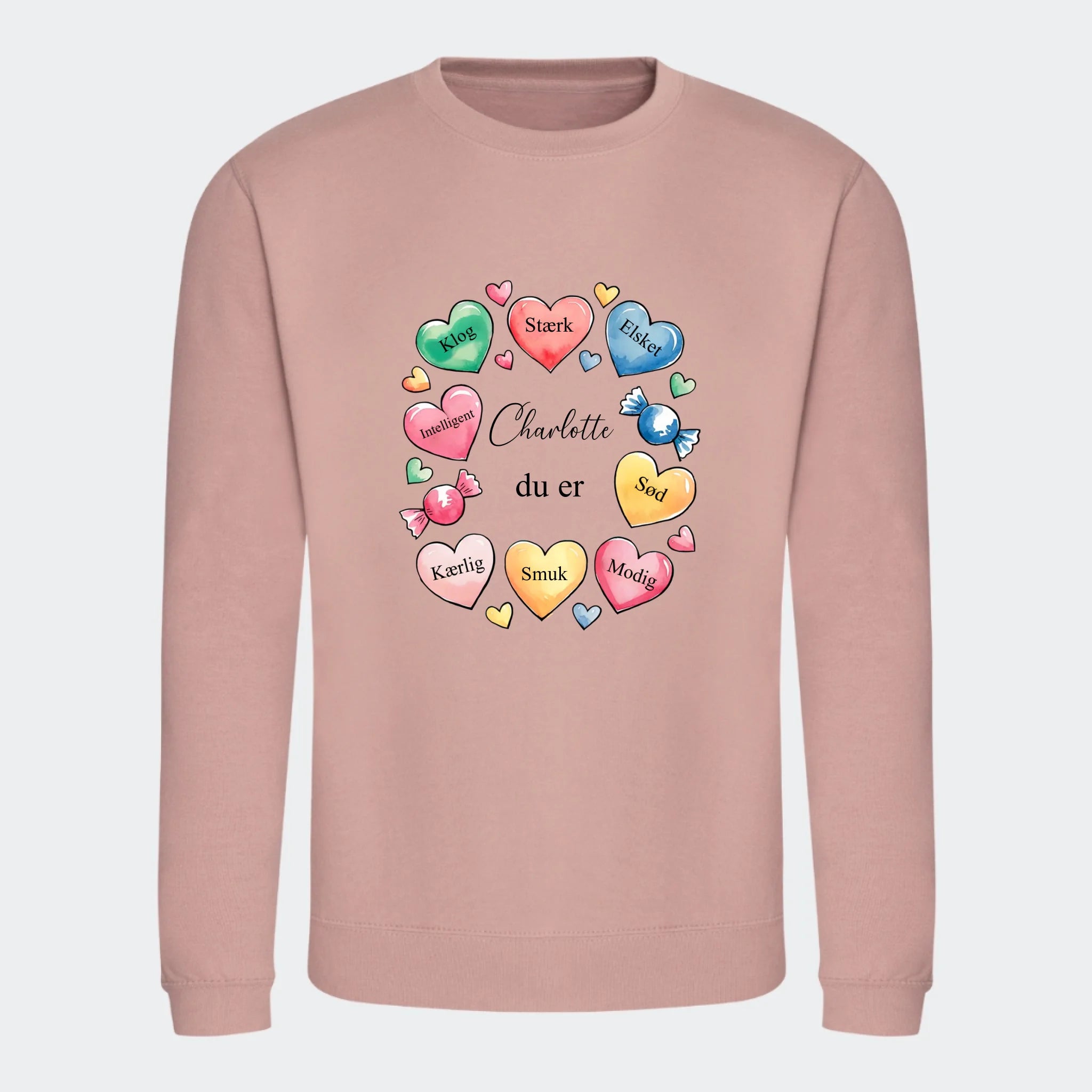 Sweatshirt til voksne – Hjerter med søde ord, støvet rosa, set forfra