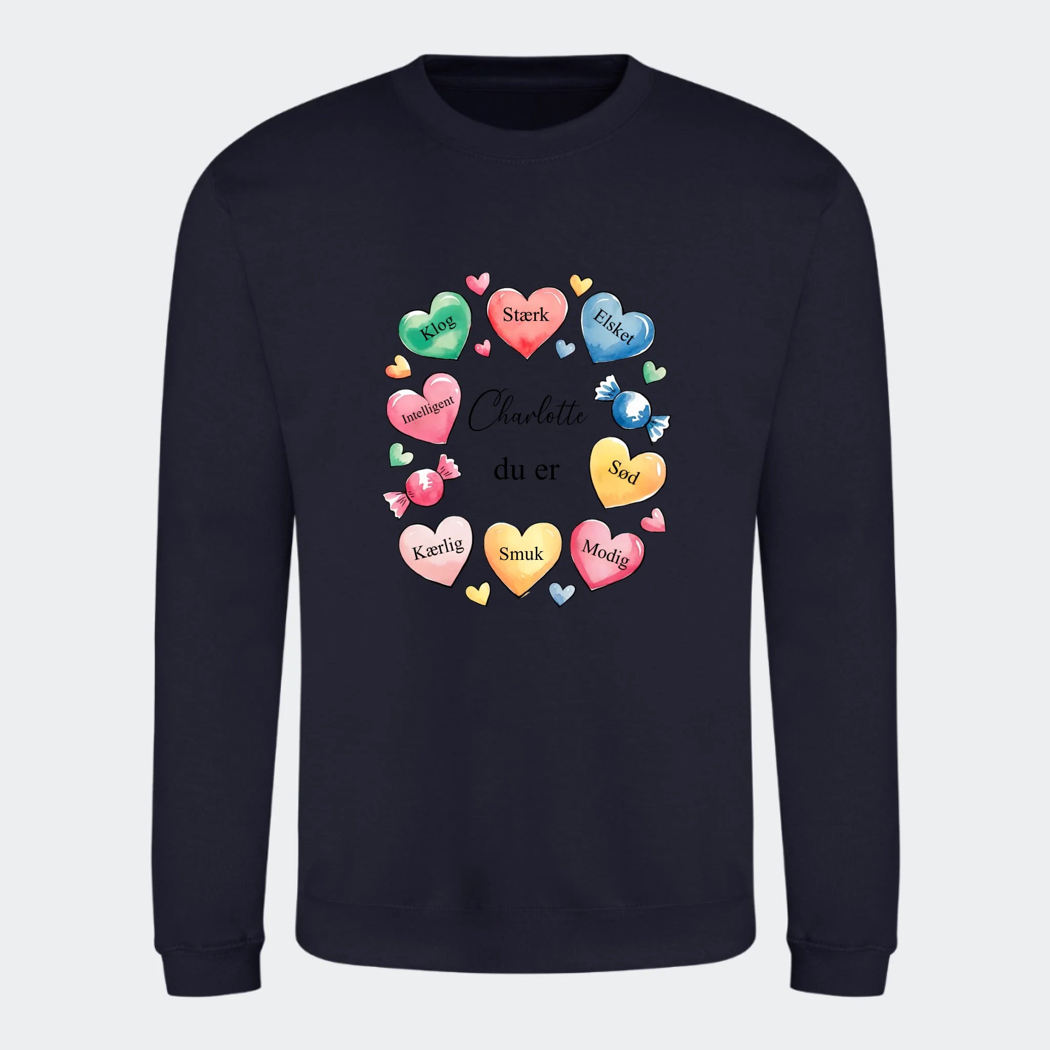 Sweatshirt til voksne – Hjerter med søde ord, mørkeblå, set forfra