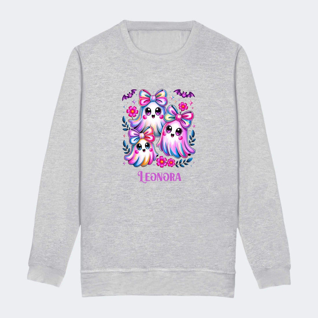 Sweatshirt til junior - Søde spøgelser og flagermus Customizer TeeInBlue Print på front Heather Grey 3-4 år