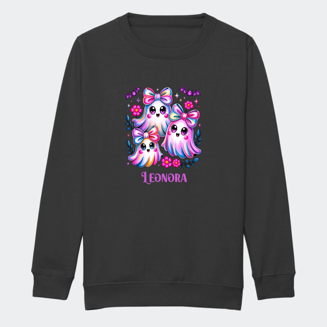 Sweatshirt til junior - Søde spøgelser og flagermus Customizer TeeInBlue Print på front Heather Grey 3-4 år