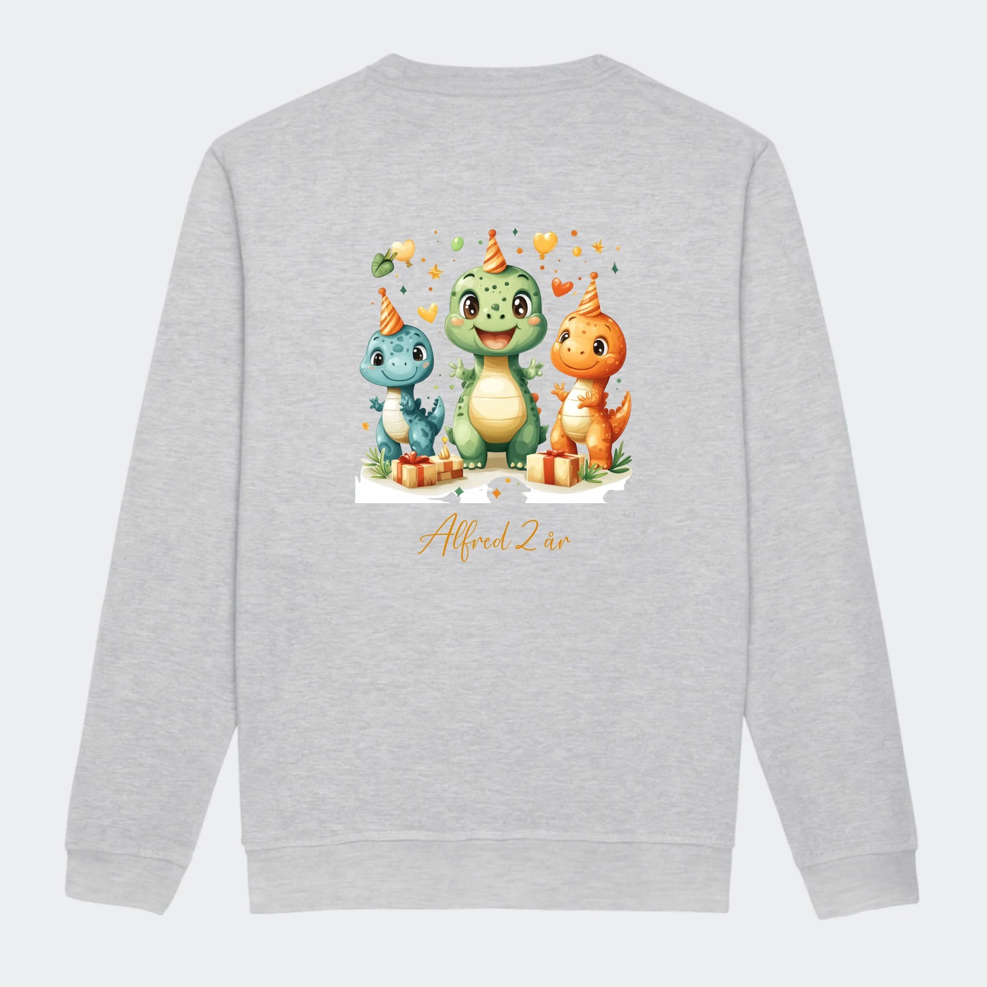 Sweatshirts til junior - Dino med fødselsdagshatte Customizer TeeInBlue Print på ryggen Heather Grey 3-4 år