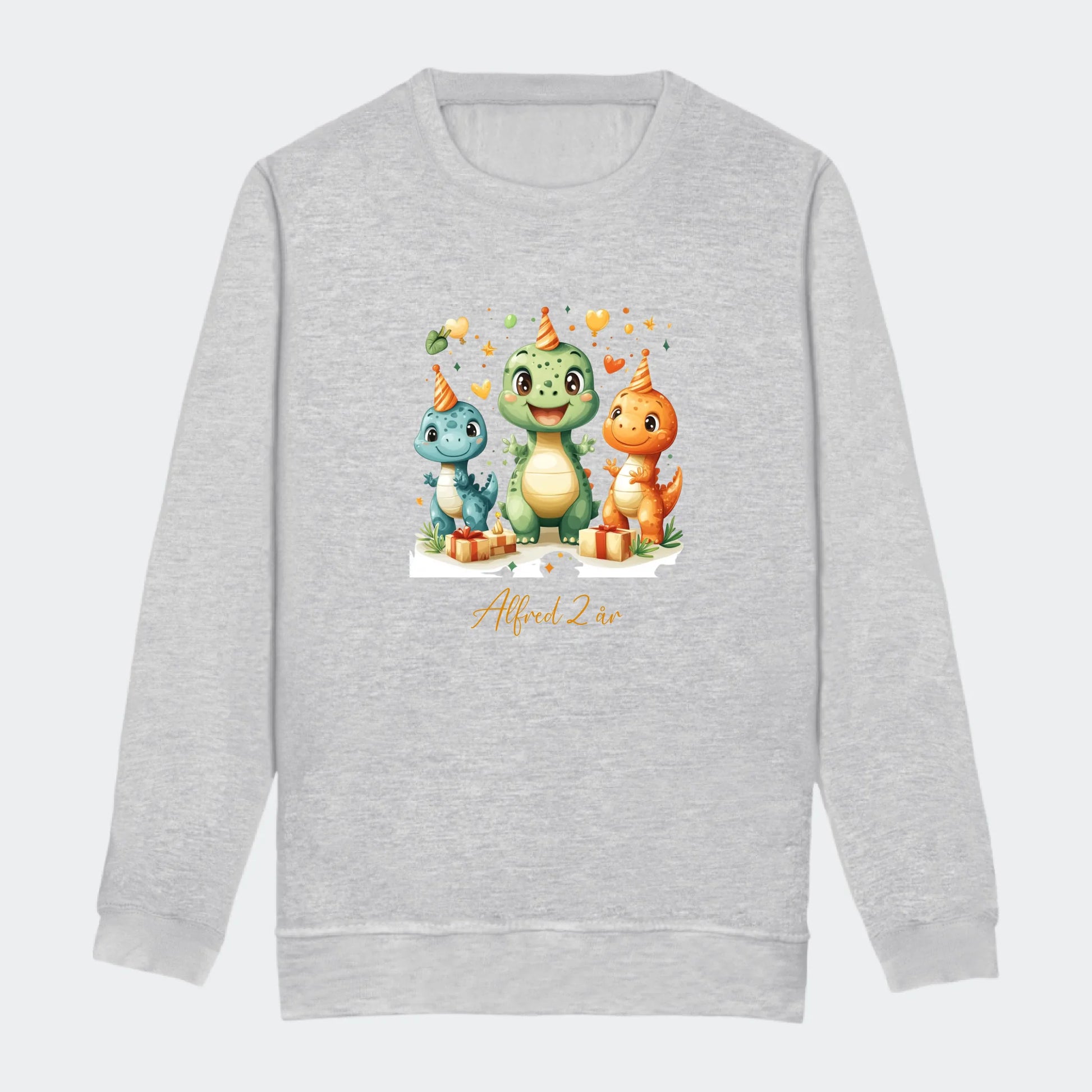 Sweatshirts til junior - Dino med fødselsdagshatte Customizer TeeInBlue Print på front Heather Grey 3-4 år