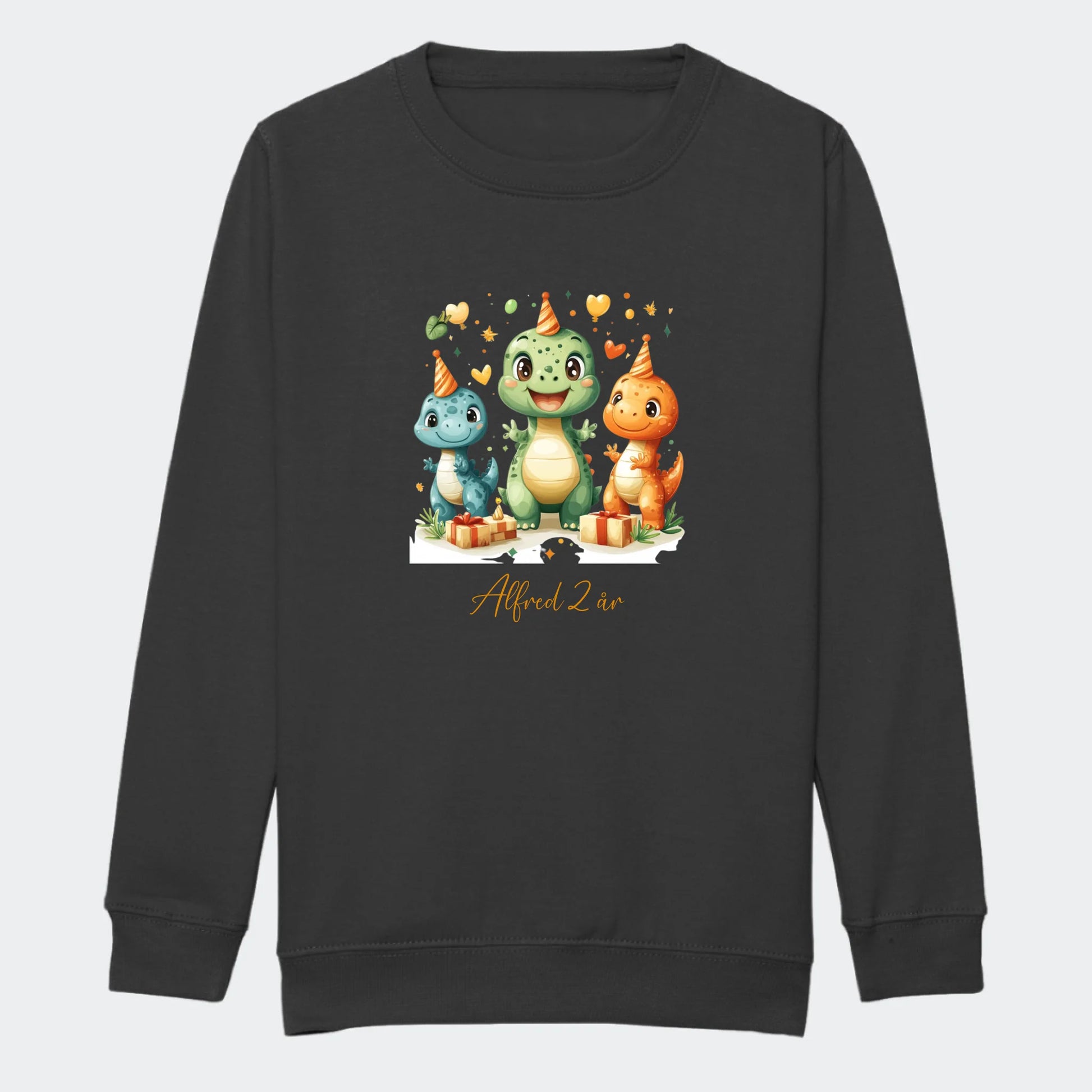 Sweatshirts til junior - Dino med fødselsdagshatte Customizer TeeInBlue Print på front Storm Grey 3-4 år