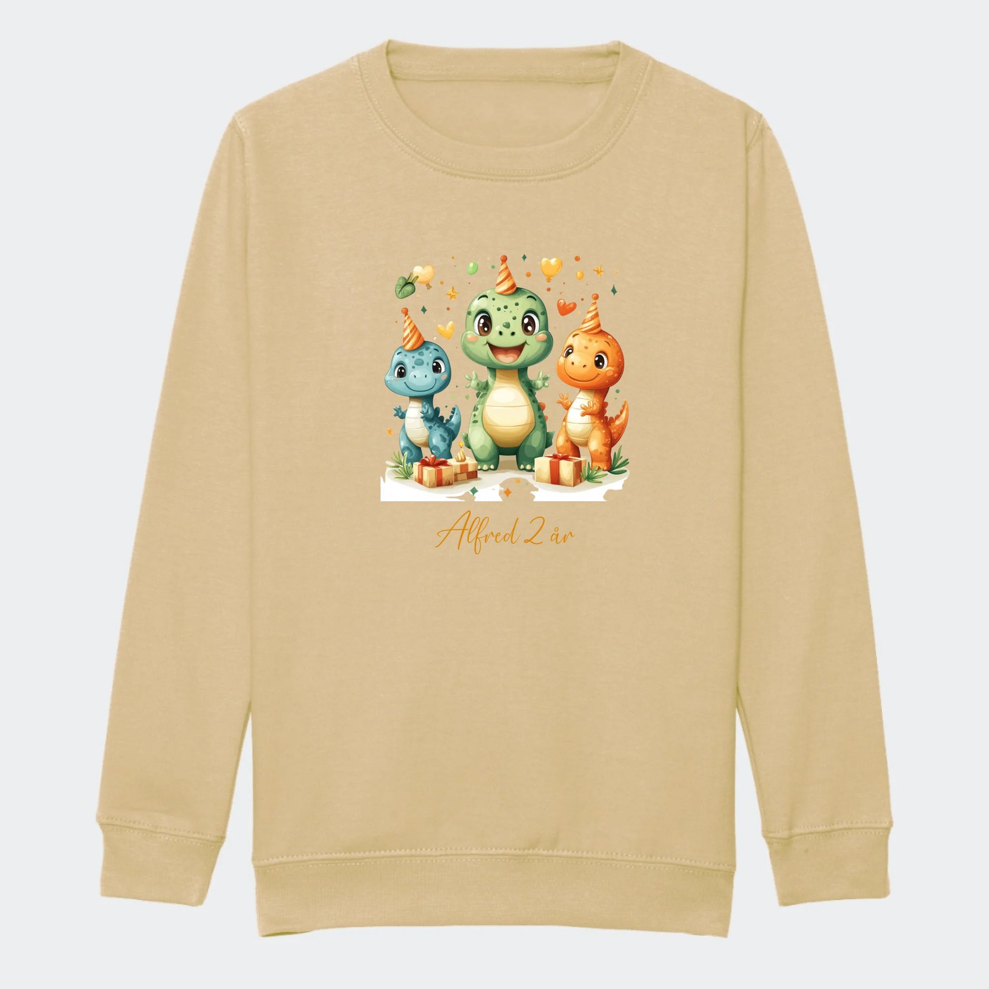 Sweatshirts til junior - Dino med fødselsdagshatte Customizer TeeInBlue Print på front Desert Sand 3-4 år