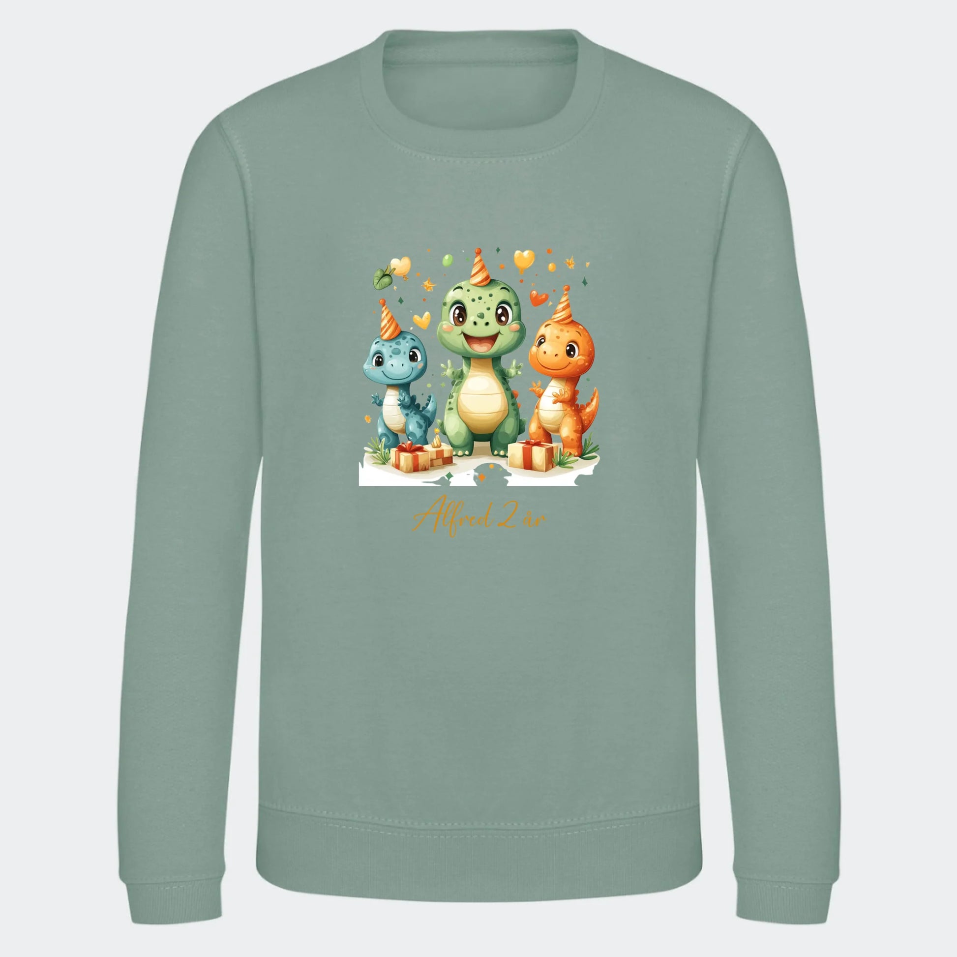 Sweatshirts til junior - Dino med fødselsdagshatte Customizer TeeInBlue Print på front Dusty Green 3-4 år