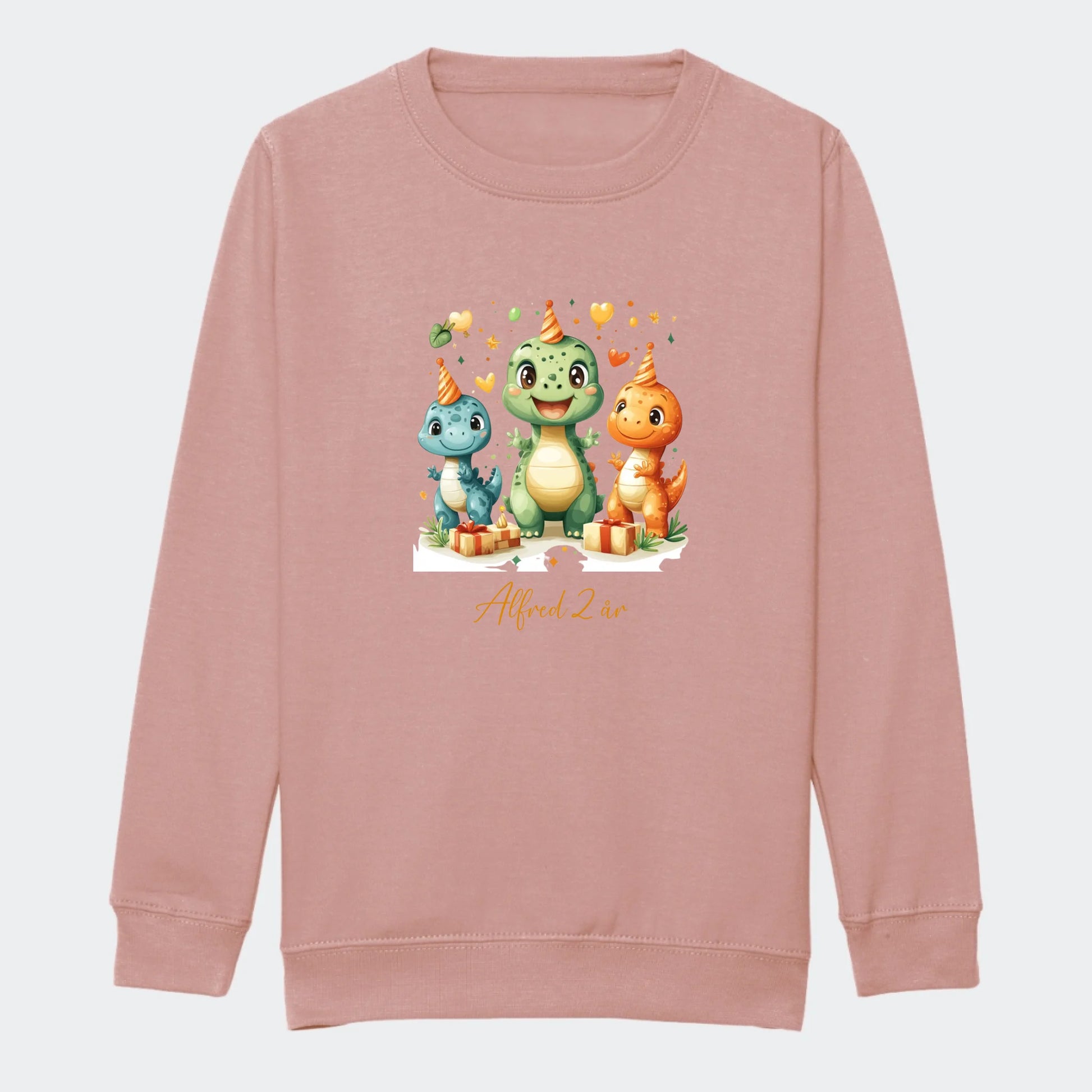 Sweatshirts til junior - Dino med fødselsdagshatte Customizer TeeInBlue Print på front Dusty Pink 3-4 år