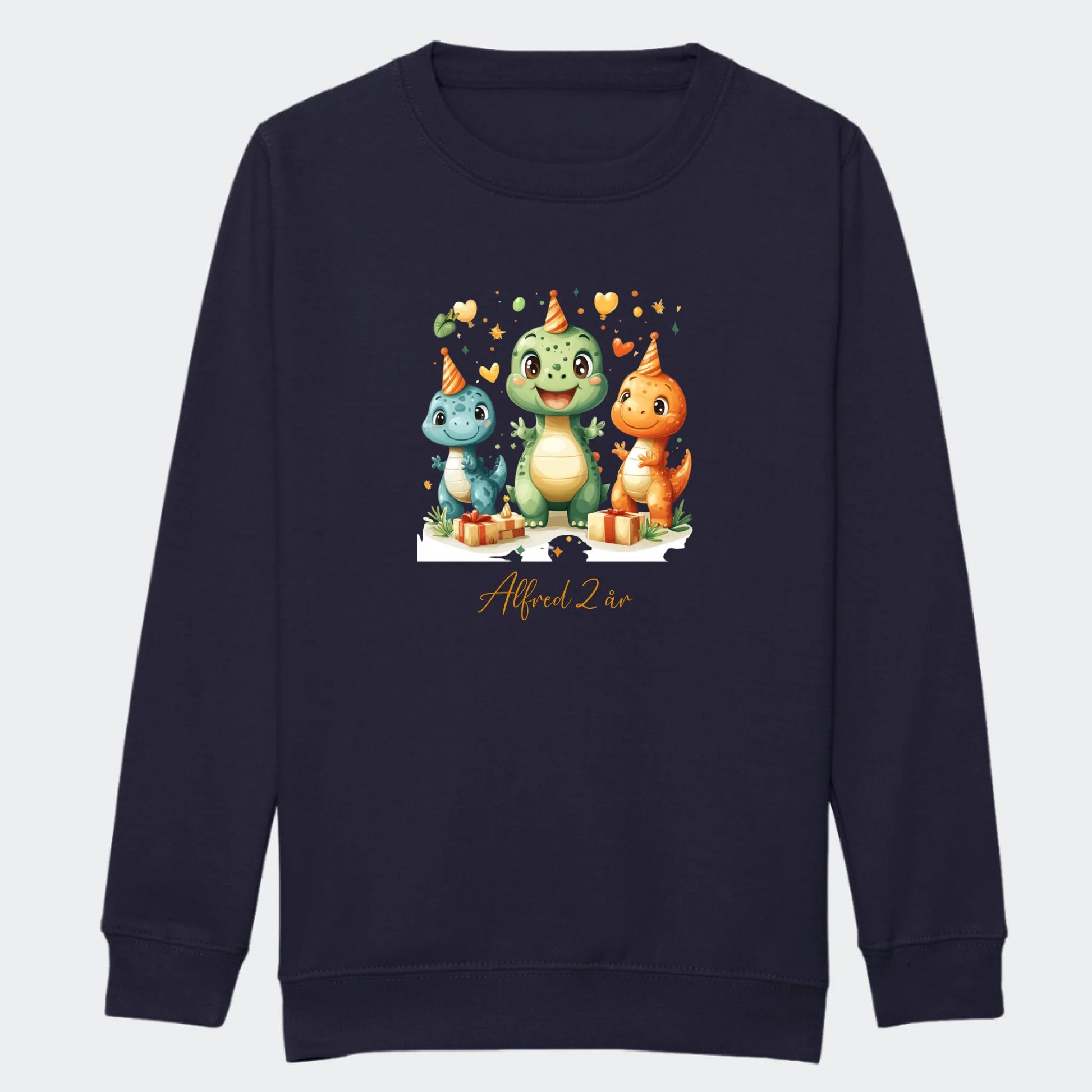 Sweatshirts til junior - Dino med fødselsdagshatte Customizer TeeInBlue Print på front French Navy 3-4 år